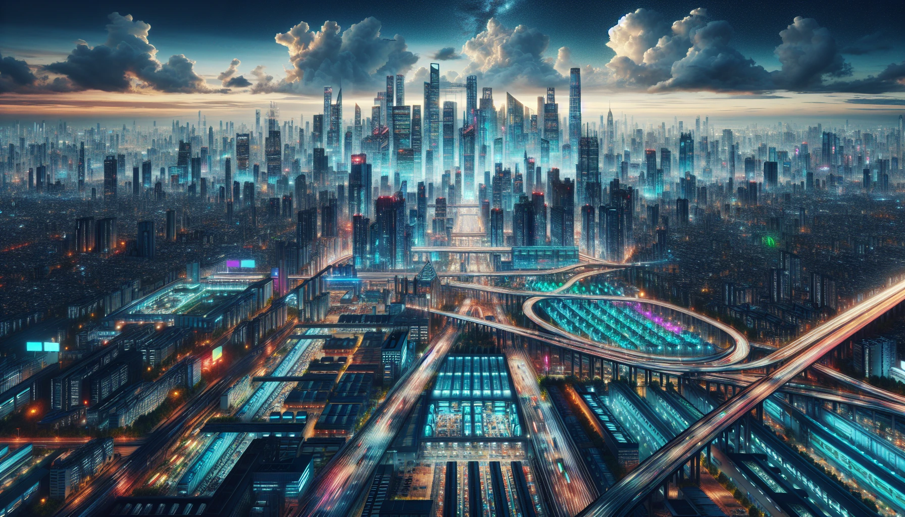 A sprawling megacity emerges from the horizon, where towering skyscrapers pierce the clouds and layered highways weave like ribbons through the bustling streets below. Glimpses of vibrant industrial zones flash amidst the urban landscape, with factories and warehouses infused with bright graffiti. Neon lights pulse in a kaleidoscope of colors, while streams of vehicles race along elevated roads, creating a dynamic panorama of modern life.