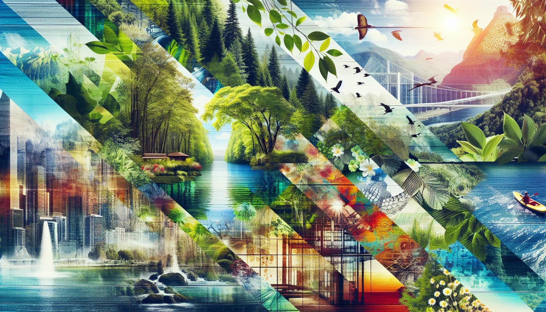 Create a vibrant collage that intertwines the beauty of nature with urban life, featuring layers of lush forests, serene lakes, and bustling cityscapes. Incorporate textures such as leaf patterns, brick walls, and flowing water. Use vivid colors to evoke emotion and harmony, blending elements seamlessly to showcase how the natural world coexists with human innovation, inviting viewers to explore this dynamic relationship.