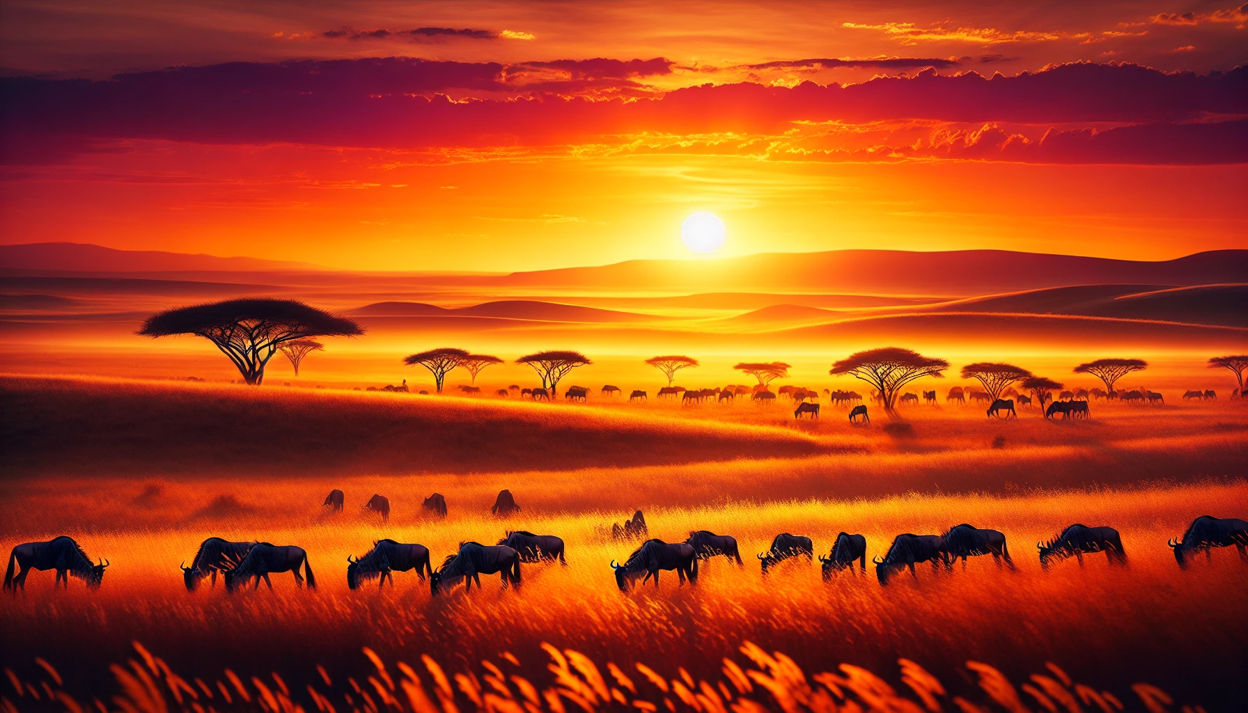 Imagine an expansive golden savannah, where tall grasses sway gently in the warm breeze beneath a brilliant sunset sky. The horizon is ablaze with hues of orange and pink, while acacia trees stand silhouetted against the fading light. A herd of majestic wildebeest grazes peacefully, their forms highlighted by the golden glow. In the distance, a family of elephants meanders toward a watering hole, completing this serene African landscape.