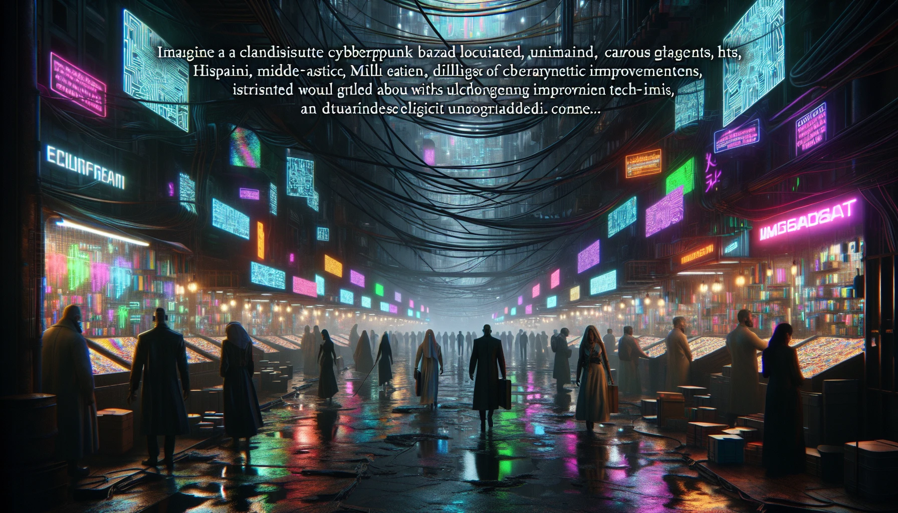 In a chaotic underground cyberpunk market, a network of shadowy figures flit between stalls brimming with illegal cybernetic enhancements. Holograms flicker above, casting vibrant neon glows that dance off rain-slicked floors, creating a mesmerizing reflection of a dystopian future. The air buzzes with whispers of forbidden technology, and the scent of electric rain permeates the atmosphere, awakening the thrill of the illicit trade.