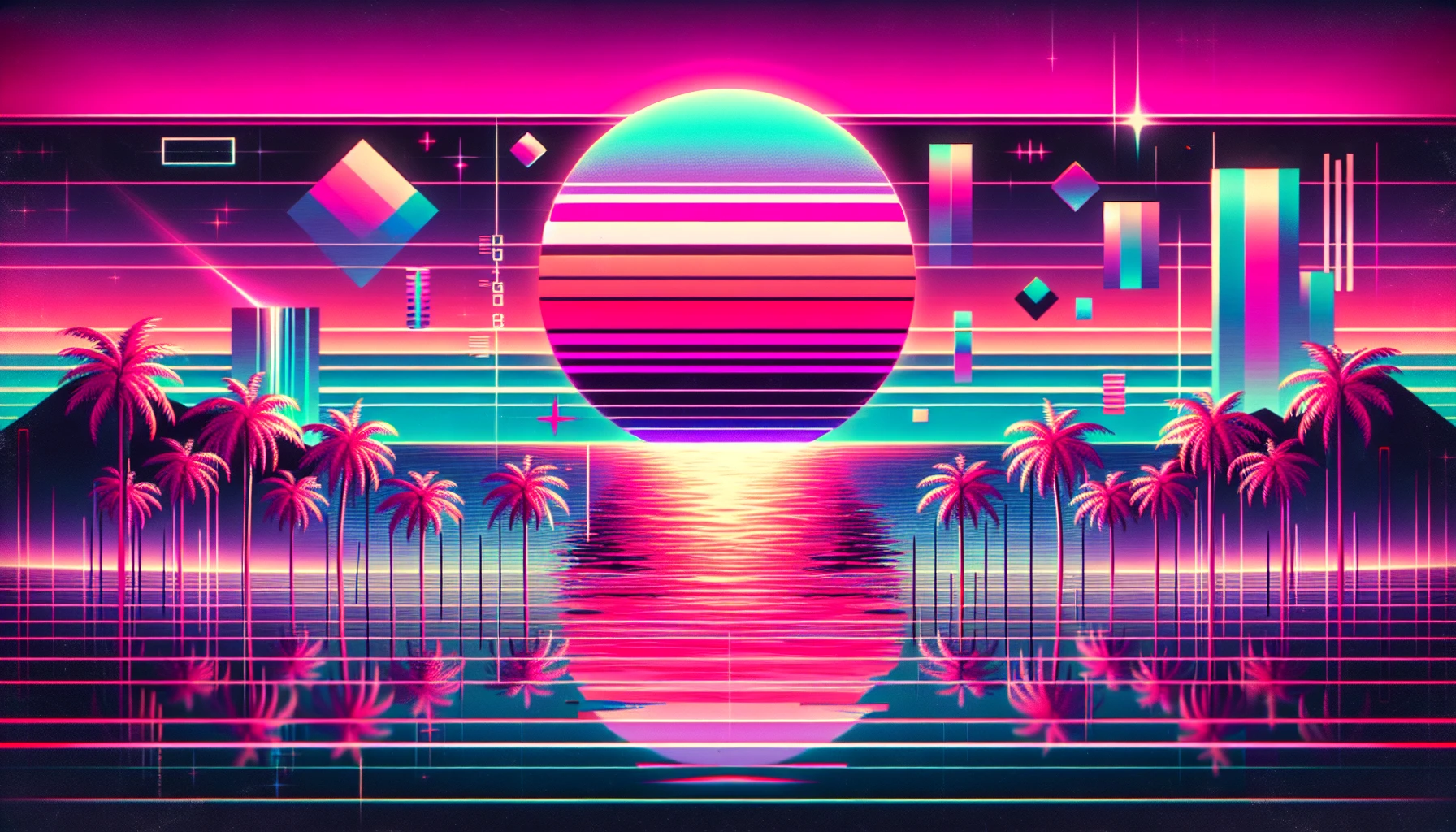 Dive into a surreal vaporwave landscape, where neon hues blend harmoniously with retro-futuristic elements. Imagine palm trees swaying against a backdrop of radiant pink and purple skies, framed by glitch art textures and pixelated geometries. A colossal sun dips below the horizon, casting vibrant reflections on a tranquil ocean, while digital artifacts float in the air, embodying a nostalgic yet futuristic vibe.