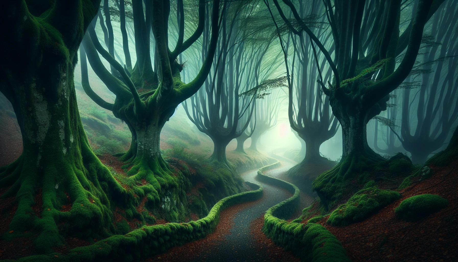 A mysterious, winding path meanders through a dense forest enveloped in ethereal fog. Towering trees loom overhead, their gnarled branches reaching out like ancient guardians. Soft, diffused light filters through the mist, casting an otherworldly glow on the vibrant moss and fallen leaves underfoot. Whispers of nature echo through the air, inviting wanderers to explore the secrets hidden in this magical, serene woodland.