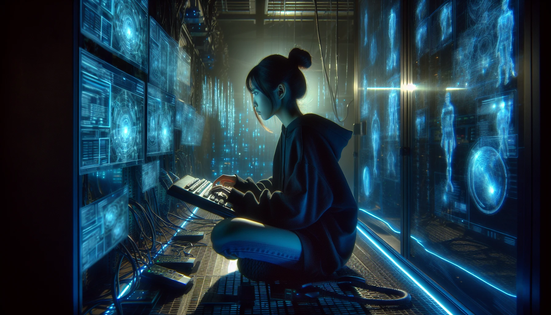 In a dimly lit high-tech lair, a lone hacker sits at a sleek console, fingers dancing across illuminated keys. Holographic interfaces flicker around them, casting an ethereal glow against the dark walls. Neon-blue reflections bounce off glass panels, creating an otherworldly atmosphere. Cables snake across the floor, and digital data streams flow in the air, immersing the scene in a mesmerizing blend of technology and mystery.