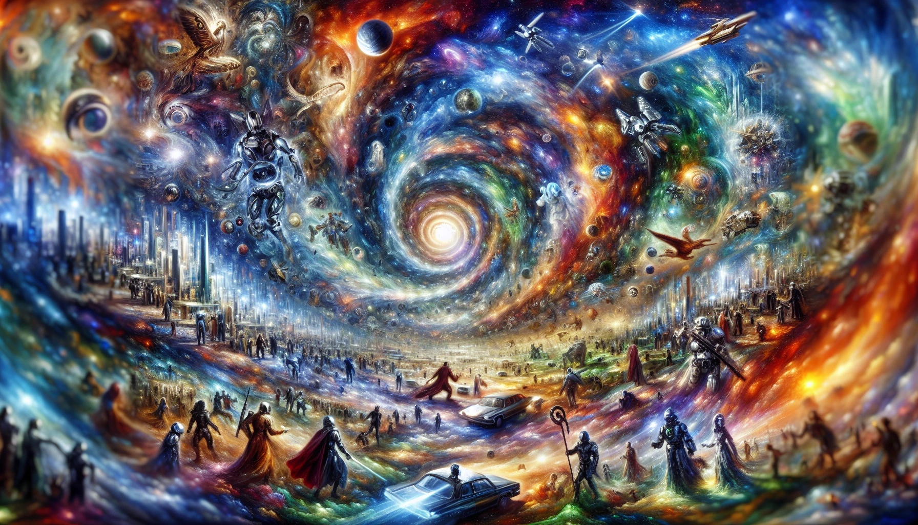 Imagine a swirling vortex of colors and light, where historical epochs collide in a dazzling spectacle. A futuristic cityscape merges seamlessly with ancient ruins, as figures from different eras interact—knights converse with robots while dinosaurs roam beneath flying cars. The sky is a patchwork of different celestial bodies, each representing a different epoch, creating a breathtaking tapestry of time and existence.