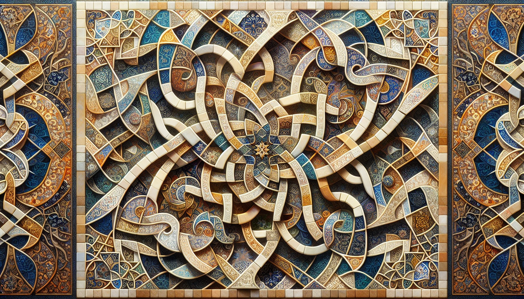 Imagine a vibrant tapestry where intricate Islamic geometric patterns swirl and intertwine, creating a mesmerizing dance of shapes and colors. Each tile showcases a fusion of deep blues, rich golds, and contrasting whites, reflecting the elegance of traditional craftsmanship. As light plays upon the surfaces, shadows emerge, adding depth and dimension, inviting viewers to explore the harmony of mathematics and art in a stunning contemporary piece.