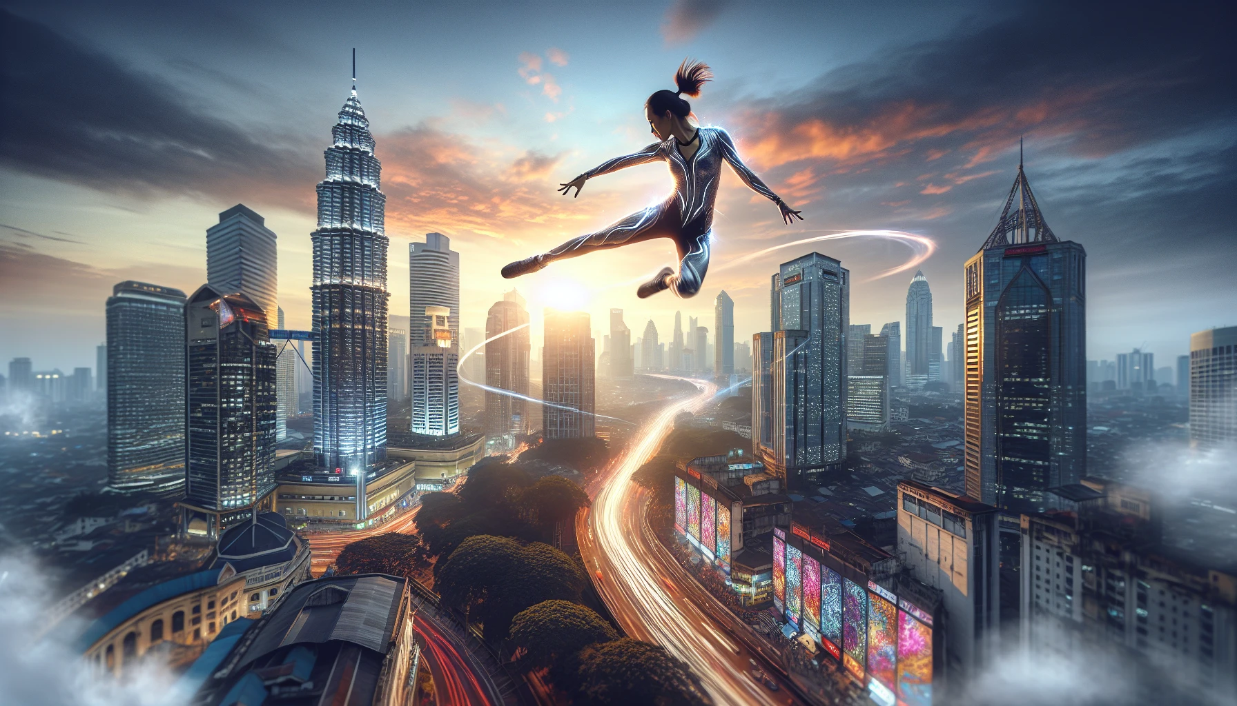 A dynamic scene unfolds as a daredevil performer executes a breathtaking mid-air flip above a bustling cityscape. The backdrop features towering skyscrapers shimmering in the evening sun, with vibrant street art splashed across nearby walls. The character, clad in sleek, colorful athletic gear, displays grace and power, with trails of motion blurring behind them as they soar, embodying freedom and fearless adventure in this urban playground.