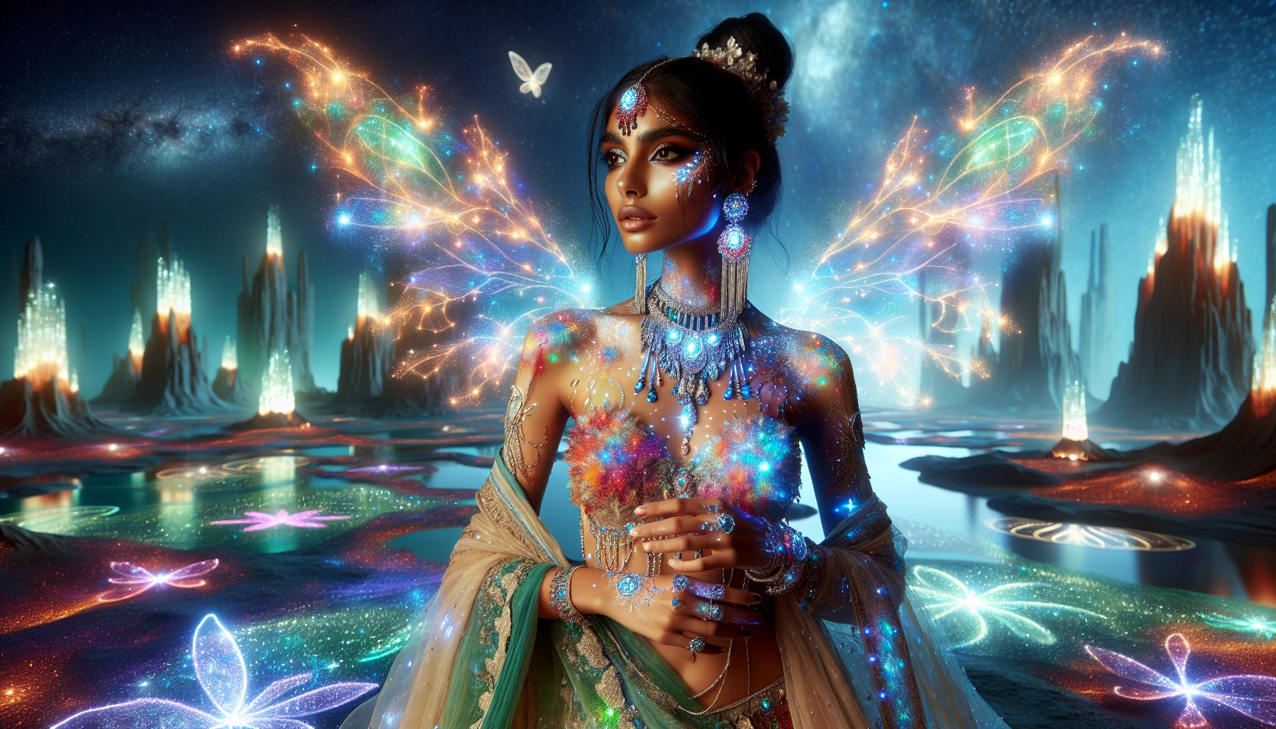 In a shimmering alien realm, an ethereal princess stands poised with resplendent, glowing wings that illuminate her surroundings. Her skin shimmers in iridescent hues, reflecting the colors of distant galaxies. Adorned with intricate jewelry made of starlight, she exudes a regal presence. The background features a surreal landscape of floating islands and luminescent flora, creating an enchanting atmosphere that captivates adventurers and dreamers alike.