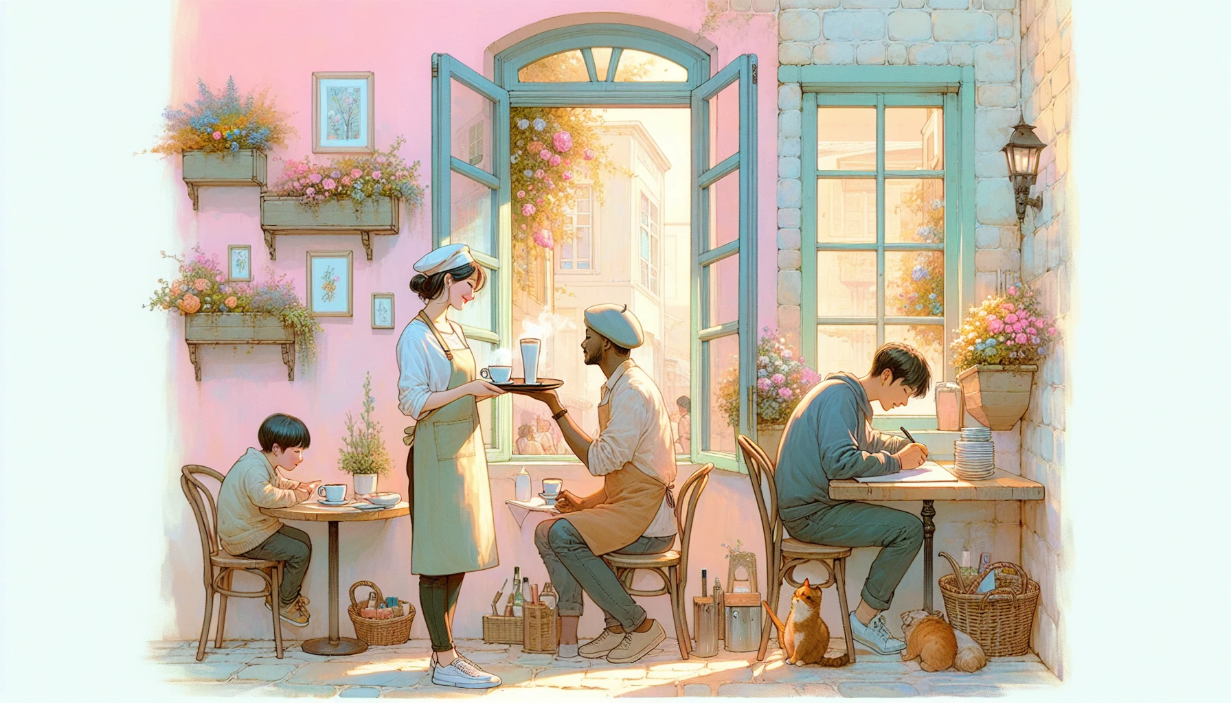 Imagine a tranquil scene where soft pastel hues paint a cozy café corner. A barista serves steaming cups of coffee to a couple at a sunlit table, while a child colorful sketches in a notebook nearby. Delicate flowers bloom in window boxes, and a gentle breeze rustles the pages of a magazine. The atmosphere radiates warmth and contentment, inviting viewers to pause and savor the simplicity of daily moments.