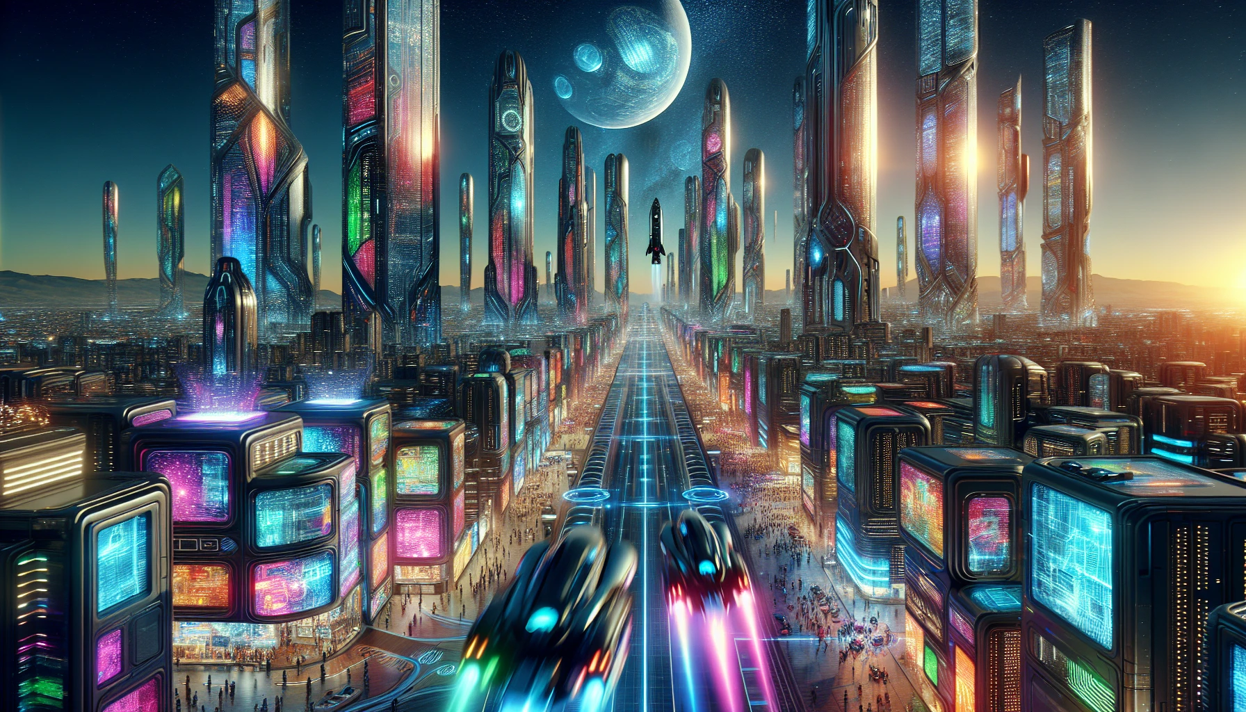 An expansive view of a dazzling futuristic city, where towering skyscrapers made of shimmering glass and steel pierce the dusky sky. Neon lights pulse vibrantly, casting colorful reflections on sleek hover vehicles gliding through the streets. A distant spaceship hovers above, its thrusters glowing softly. The air is alive with energy, as pedestrians in advanced attire navigate bustling markets filled with holographic displays, embodying the spirit of a sci-fi utopia.