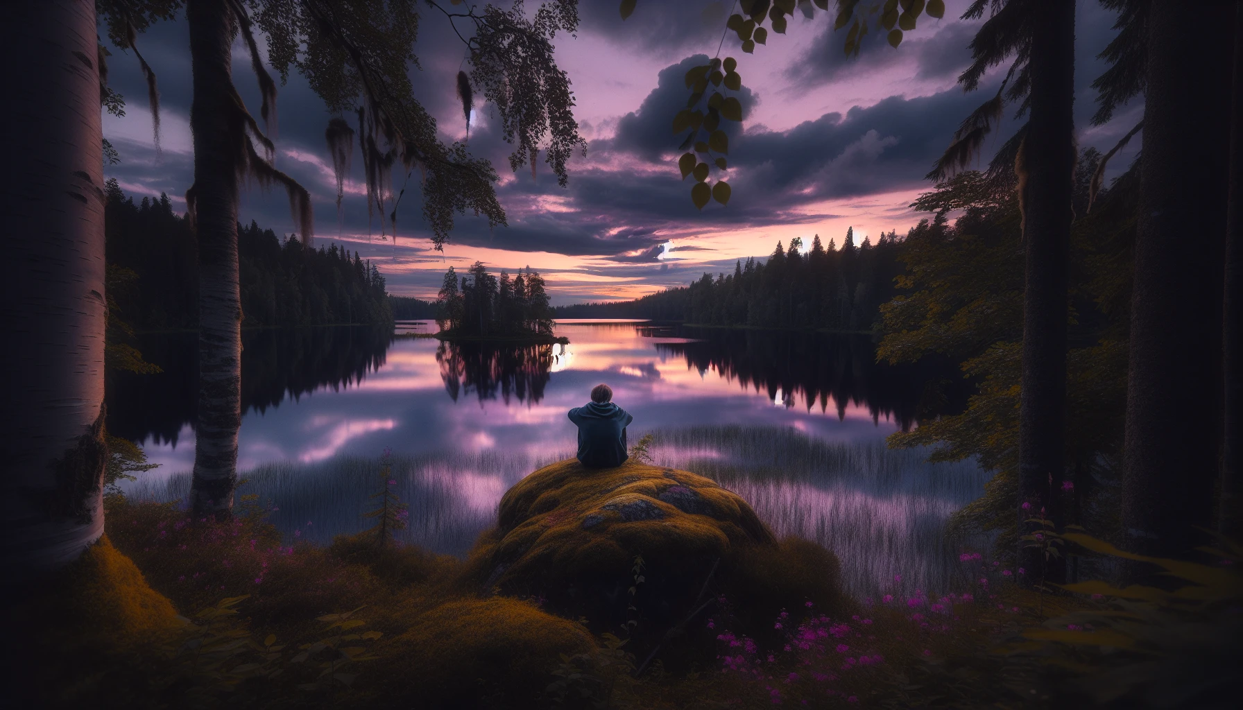 A serene lakeside scene at dusk, where the water's surface mirrors the dusky sky painted with hues of violet and gold. A solitary figure sits on a moss-covered rock, lost in thought, surrounded by whispering trees and delicate wildflowers. The soft ripples in the water echo the gentle breeze, creating an ambiance of deep solitude and introspection, inviting viewers to explore their own reflective moments.