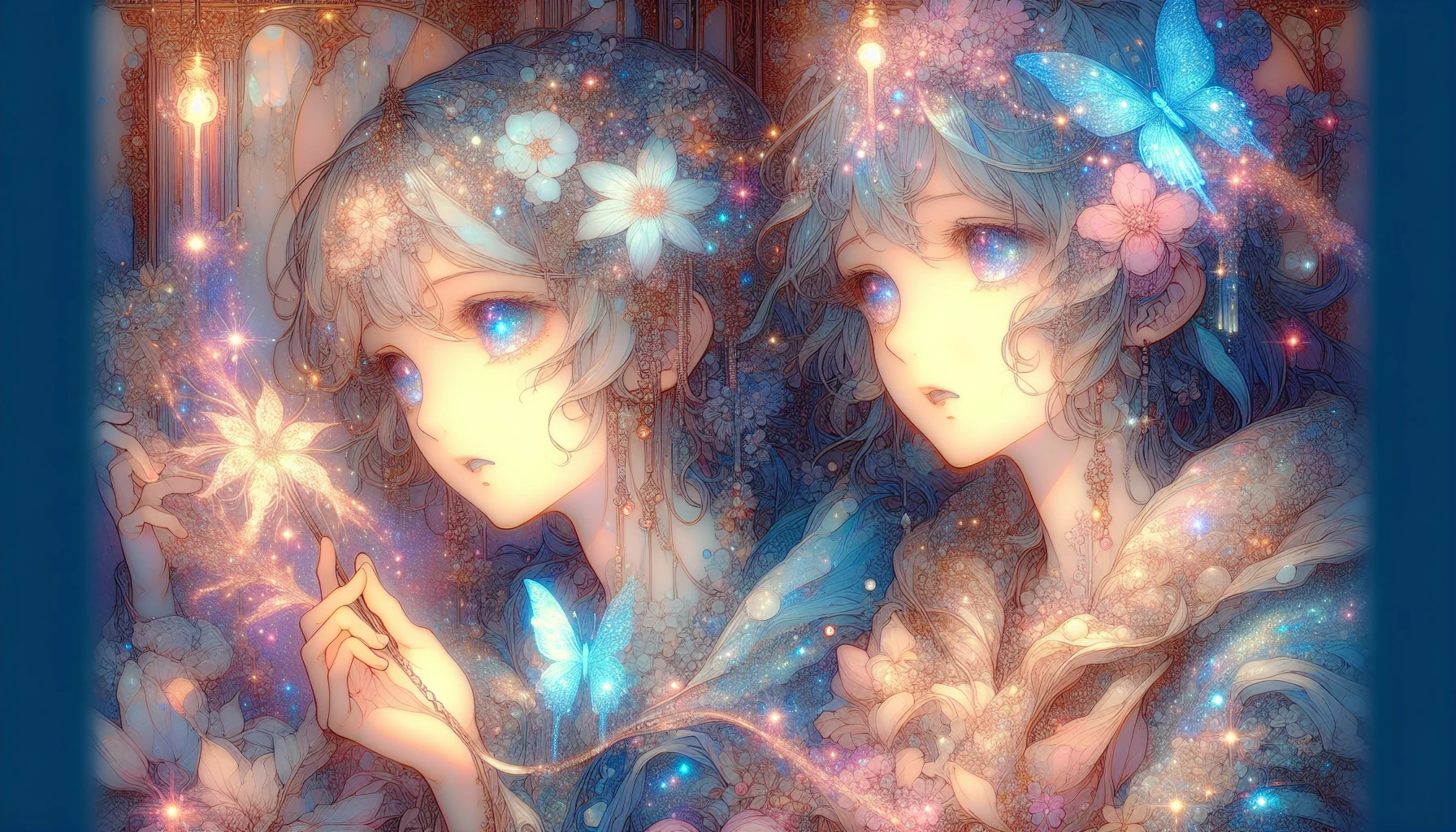 Create a vibrant scene featuring two characters from a shoujo manga, surrounded by a cascade of magical sparkles. The characters should be in a dreamy, whimsical environment, with soft pastel colors illuminating their expressions of affection. Incorporate delicate floral patterns and twinkling stars in the background, enhancing the enchanting atmosphere. Let their eyes reflect the shimmering light, embodying the essence of youthful love and fantasy.