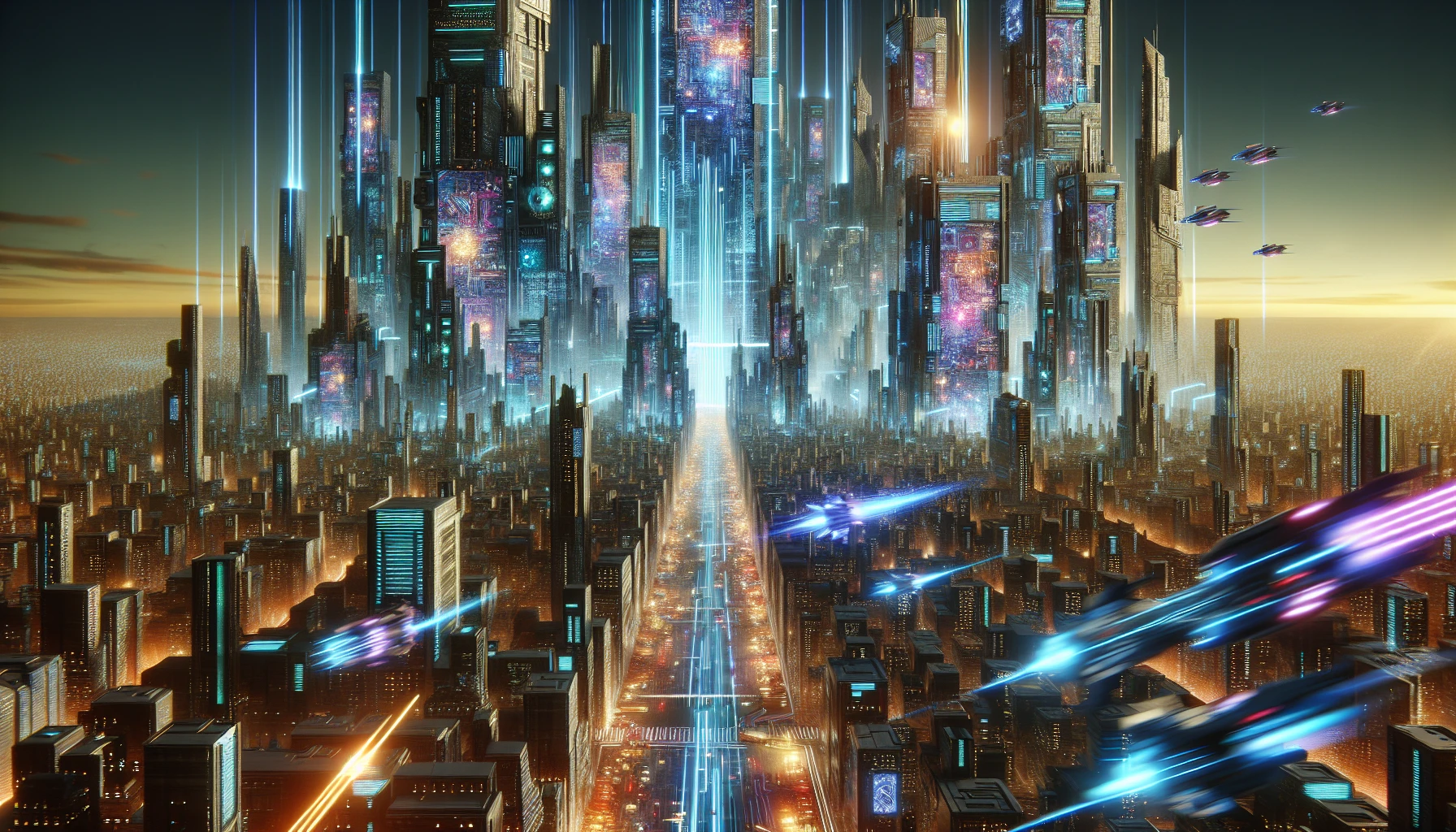 Imagine a sprawling cyberpunk skyline filled with towering skyscrapers adorned with vibrant holograms that pulsate with life. Flying cars zip through the air, leaving trails of light in their wake. The streets below teem with energy as deep shadows contrast against electric neon hues, creating a mesmerizing tapestry of color. This futuristic scene encapsulates the very essence of technological wonder and urban excitement.