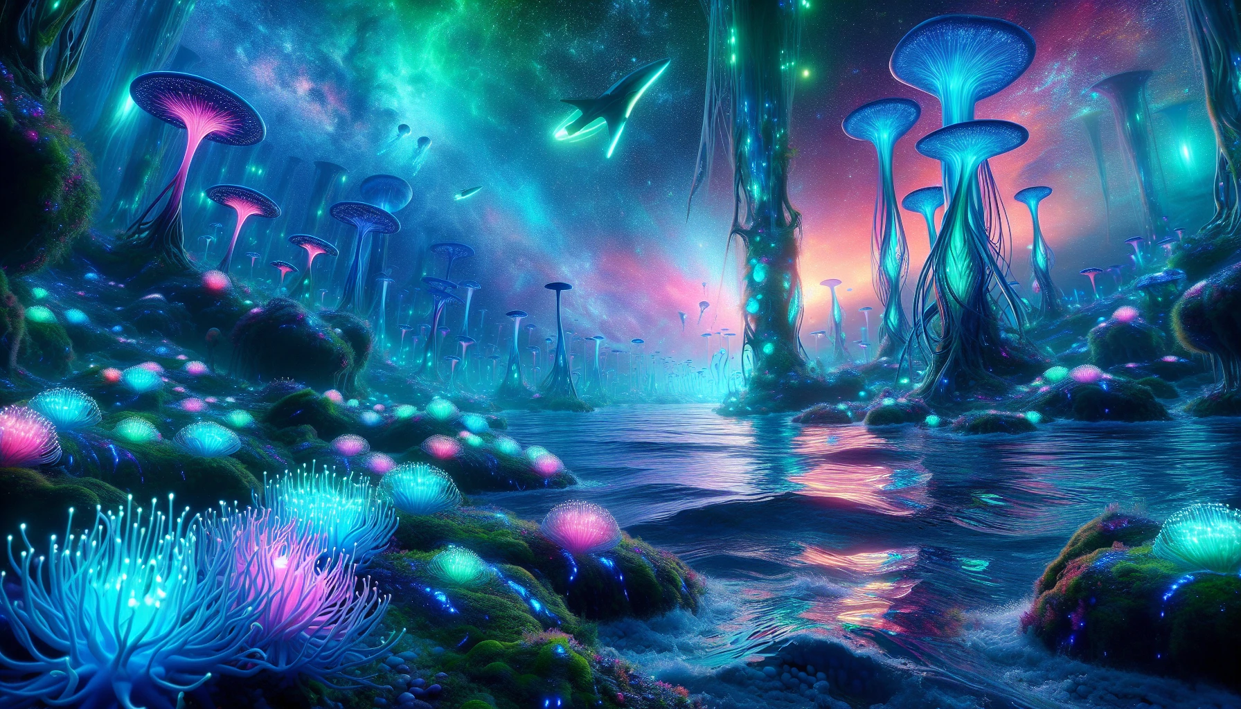 Dive into a mesmerizing alien ocean, where the deep blues and greens shimmer under the light of distant stars. Bioluminescent creatures glide gracefully through the water, their glowing forms illuminating the surroundings with ethereal hues of purple, pink, and teal. Strange coral formations rise from the ocean floor, pulsating with life, while the surface dances with reflections of a surreal, otherworldly sky. Experience the tranquility and mystery of this vibrant underwater realm.