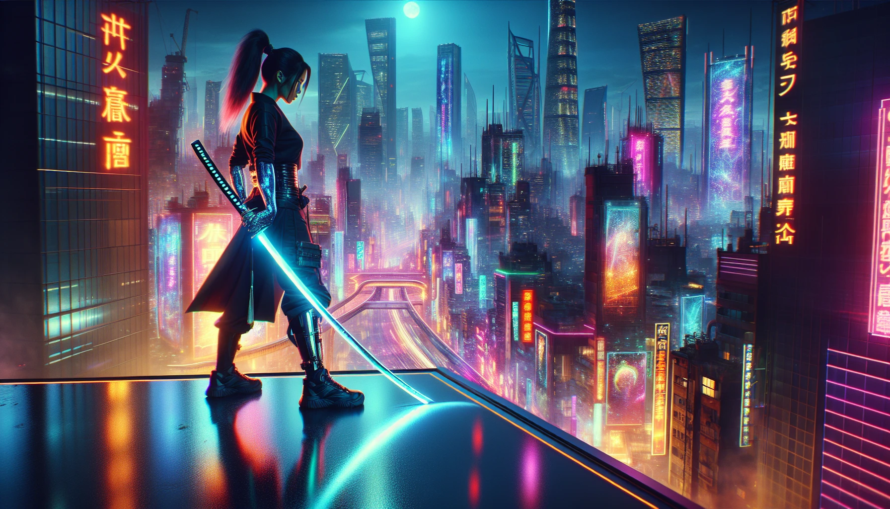 A high-tech street samurai stands poised on a sleek, reflective rooftop, wielding a shimmering energy katana that glows with vibrant hues. Below, a sprawling metropolis pulses with life, bathed in the ethereal light of neon signs and holograms. The atmosphere buzzes with energy as the samurai gazes out over the city, embodying the perfect blend of tradition and futuristic technology in a captivating, urban panorama.