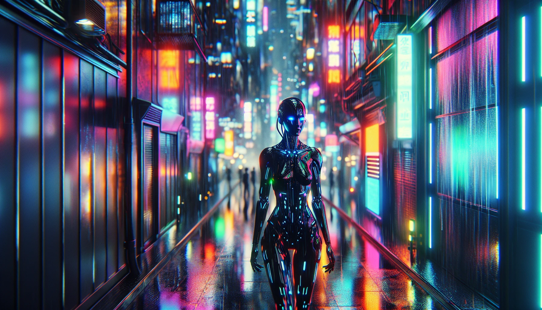 In a futuristic cityscape, a cybernetic mercenary strides through a narrow alley, illuminated by vibrant neon lights that dance off the sleek metallic walls. Rain-soaked pavement mirrors the colorful glow, creating a kaleidoscope of hues. Shadows merge with the pulsating brilliance, lending an air of mystery. The mercenary, equipped with advanced tech and an enigmatic gaze, embodies the gritty essence of a world where humanity and machines intertwine.