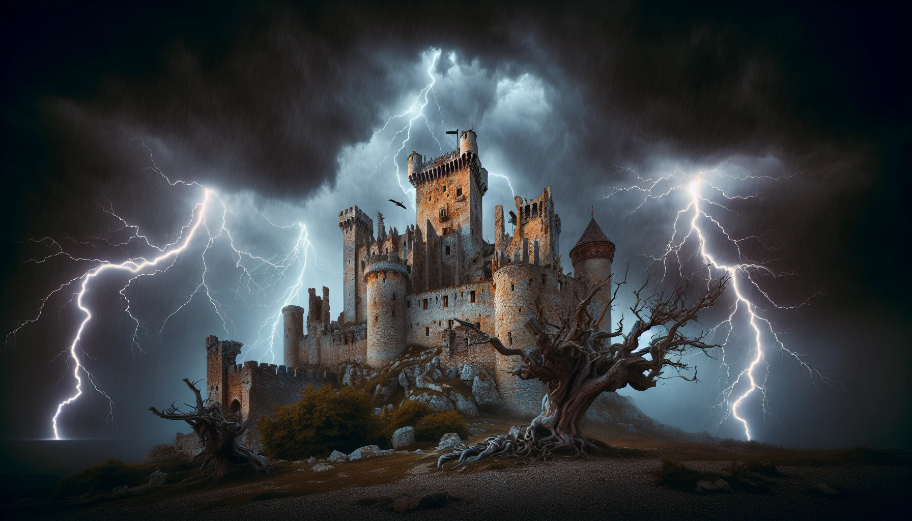 In a dramatic display of nature's fury, a crumbling castle looms against a darkening sky, illuminated by jagged flashes of lightning. Thick, swirling clouds gather ominously, while torrential rain lashes the ancient stone walls, revealing the castle's rich history. Gnarled trees bend under the tempest's force, and the air crackles with electric tension, as the scene captures both Gothic beauty and the raw power of a raging storm.