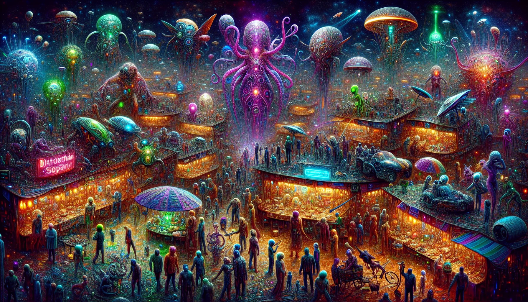 Imagine a vibrant galactic marketplace, where colorful stalls brim with exotic wares from distant planets. Alien merchants enthusiastically barter under neon lights, surrounded by a swirling crowd of diverse beings—from towering, tentacled species to small, luminous creatures. Hovering vehicles zip overhead, and holographic ads flicker enticingly. The air buzzes with the sounds of laughter, animated chatter, and the tantalizing scents of interstellar delicacies that fill the atmosphere with excitement.