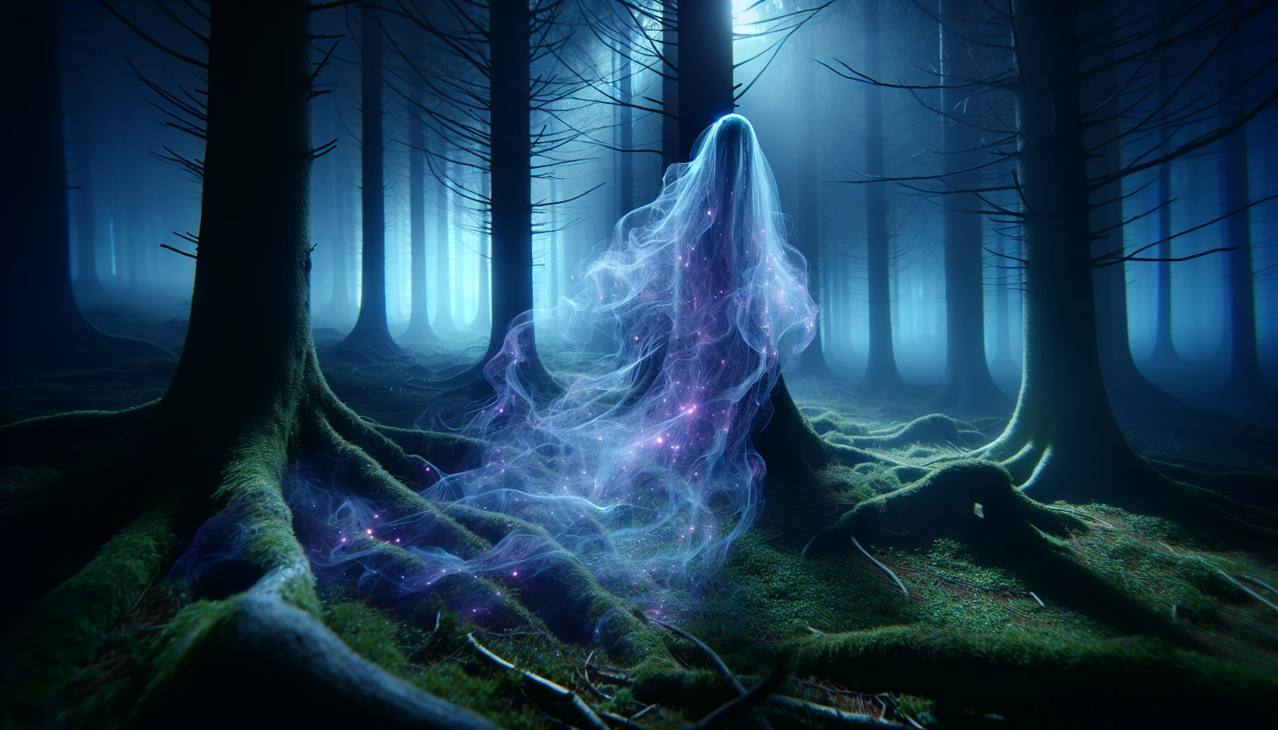 Envision a ghostly figure drifting through a dimly lit forest, surrounded by ethereal mist. The figure is cloaked in wisps of translucent fabric, exuding a radiant glow that illuminates the darkness. The aura shimmers in mesmerizing shades of blue and violet, casting an enchanting light on the gnarled trees and soft, mossy ground below. An air of mystery and allure envelops this spectral presence, inviting viewers into a world beyond reality.