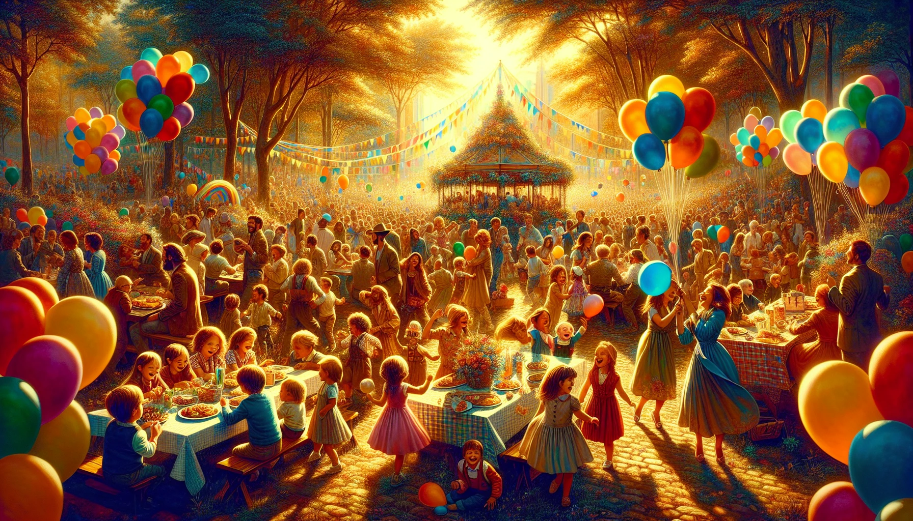 Imagine a vibrant scene bursting with color and life, where people of all ages gather merrily in a sunlit park. Balloons drift in the gentle breeze, children laugh and chase each other, while a beautifully decorated picnic area brims with delicious food. Laughter and music fill the air, creating an atmosphere of pure joy and celebration, inviting everyone to join in the fun and revelry.