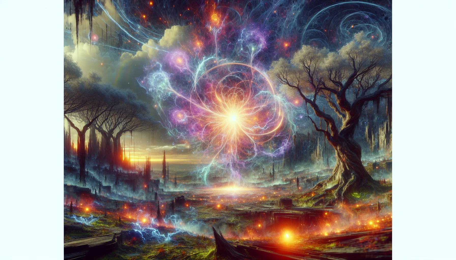 An ethereal scene unfolds as a powerful, glowing spell fractures the ground, sending shards of earth soaring into the air. Vivid crackling energy radiates from the spell’s epicenter, illuminating the surroundings in a kaleidoscope of colors. In the background, ancient trees twist in awe, and the air thrums with the resonance of magic, creating an atmosphere both enchanting and chaotic, as nature bends to the will of arcane forces.