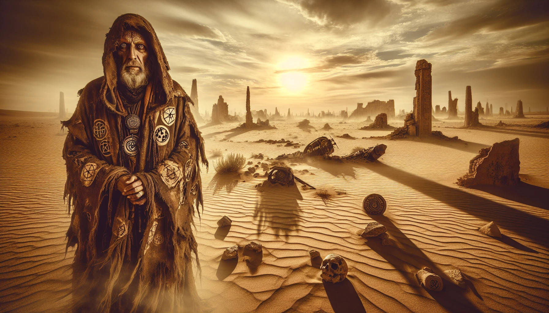 In a barren post-apocalyptic desert, a mystical shaman stands amidst the ruins of a forgotten civilization. Draped in tattered robes adorned with ancient symbols, his eyes gleam with wisdom and power. The sun sets behind him, casting long shadows across the cracked earth and skeletal remains of technology, while swirling sands dance around him, whispering secrets of the past and the promise of rebirth.