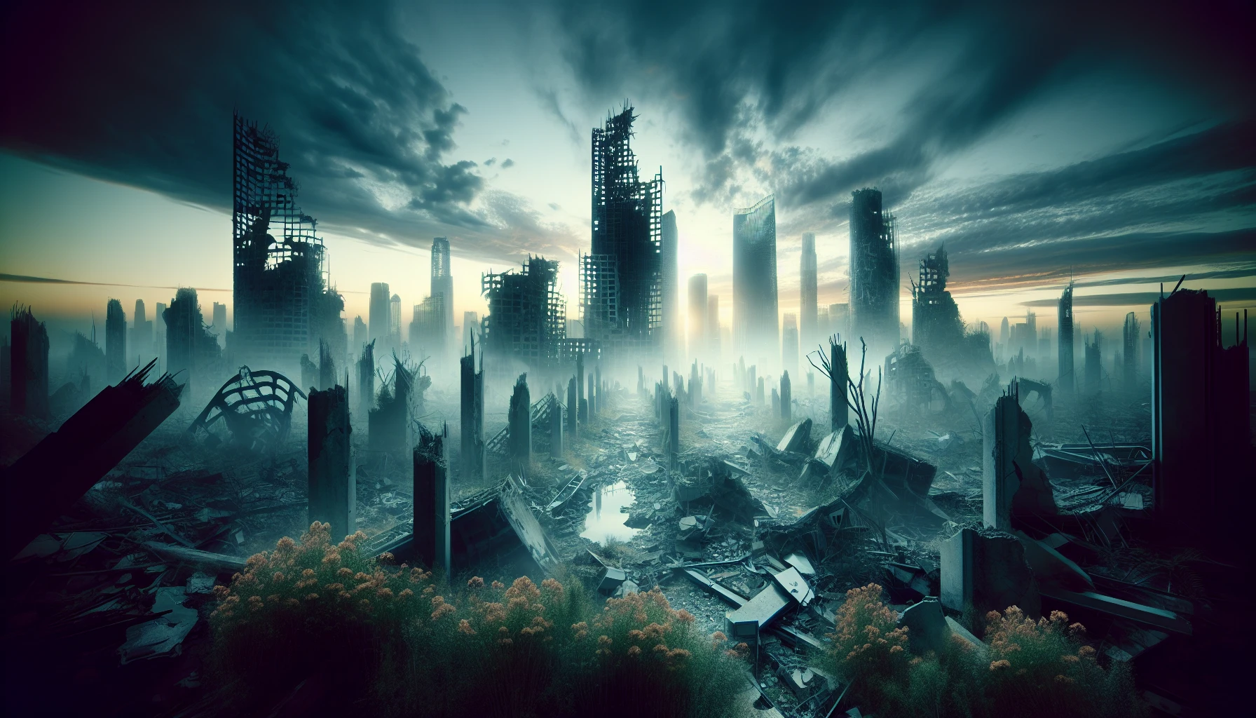 Visualize a haunting cityscape where the remnants of a once-thriving metropolis lie in charred decay. Towering skyscrapers, now skeletal structures, loom against a smoky horizon, their glass shards reflecting the dying light. Scattered debris and overgrown weeds reclaim the streets, whispering stories of the past. Eerie shadows dance among the ashes, while a somber sky looms overhead, echoing the silence of a forgotten world.