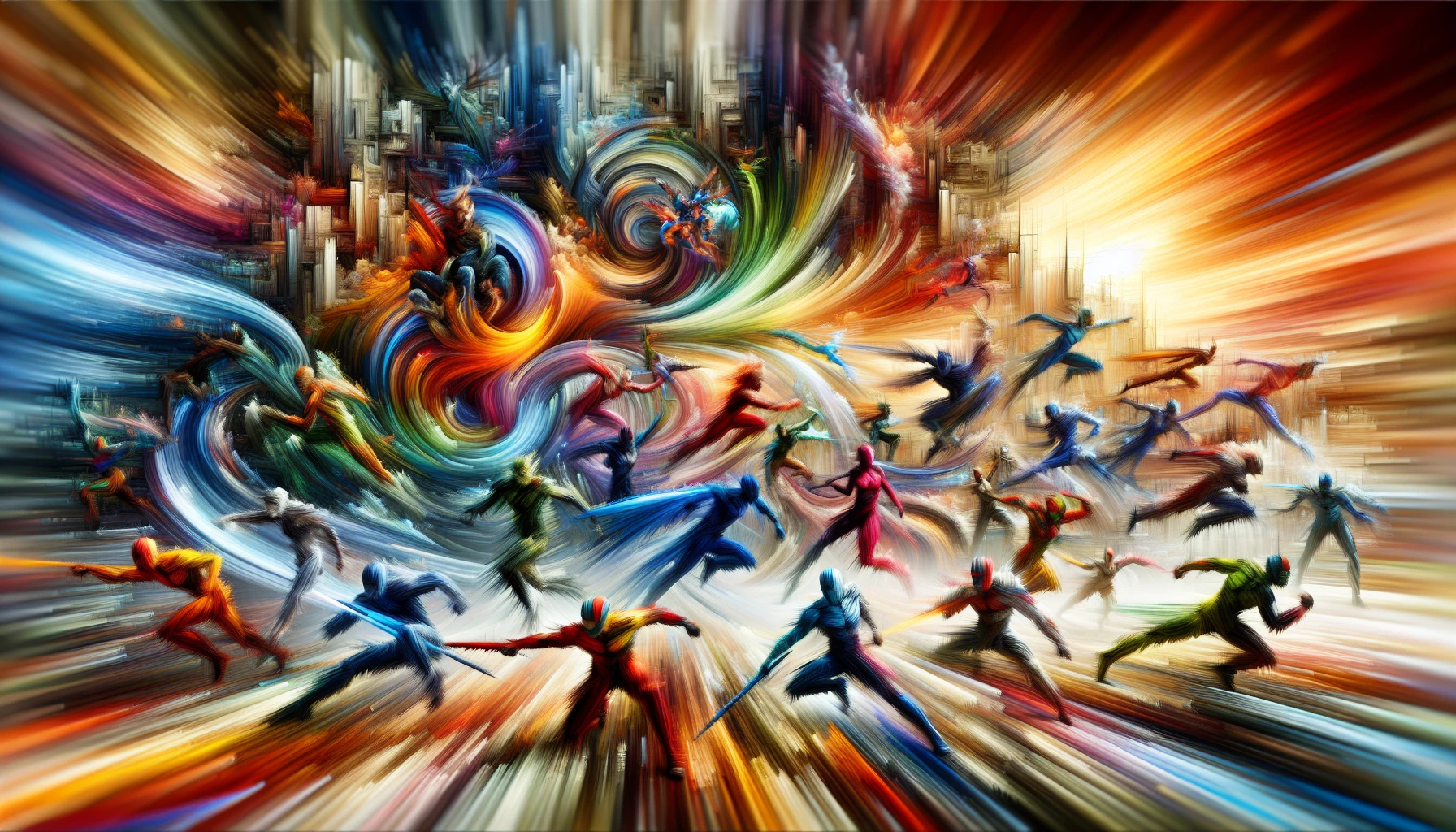 Picture a vibrant scene where characters are frozen in a striking combat pose, surrounded by a whirlwind of color and motion. Speed lines radiate outward, creating a sense of explosive energy, while stylized effects emphasize their movements. The backdrop is a blurred cityscape, enhancing the feeling of velocity. Each character is uniquely designed with bold colors and intricate details, making the entire image pulse with adrenaline.