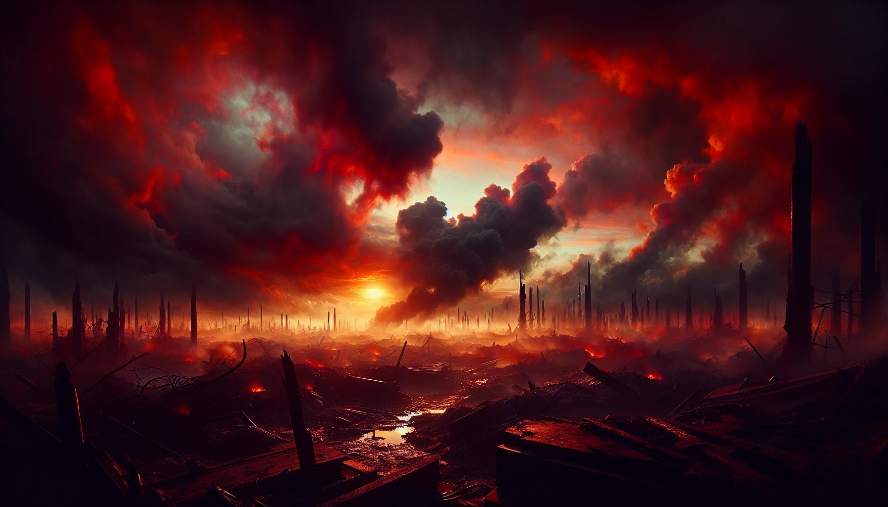 Picture a desolate battlefield beneath a turbulent sky painted in shades of red and orange, as the sun sets in a fiery glow. Smoke spirals upwards from distant fires, mingling with dark clouds, while silhouettes of twisted metal and broken structures loom in the foreground. Scattered remnants of conflict tell stories of bravery and loss, creating a haunting yet beautiful juxtaposition of chaos and haunting tranquility.