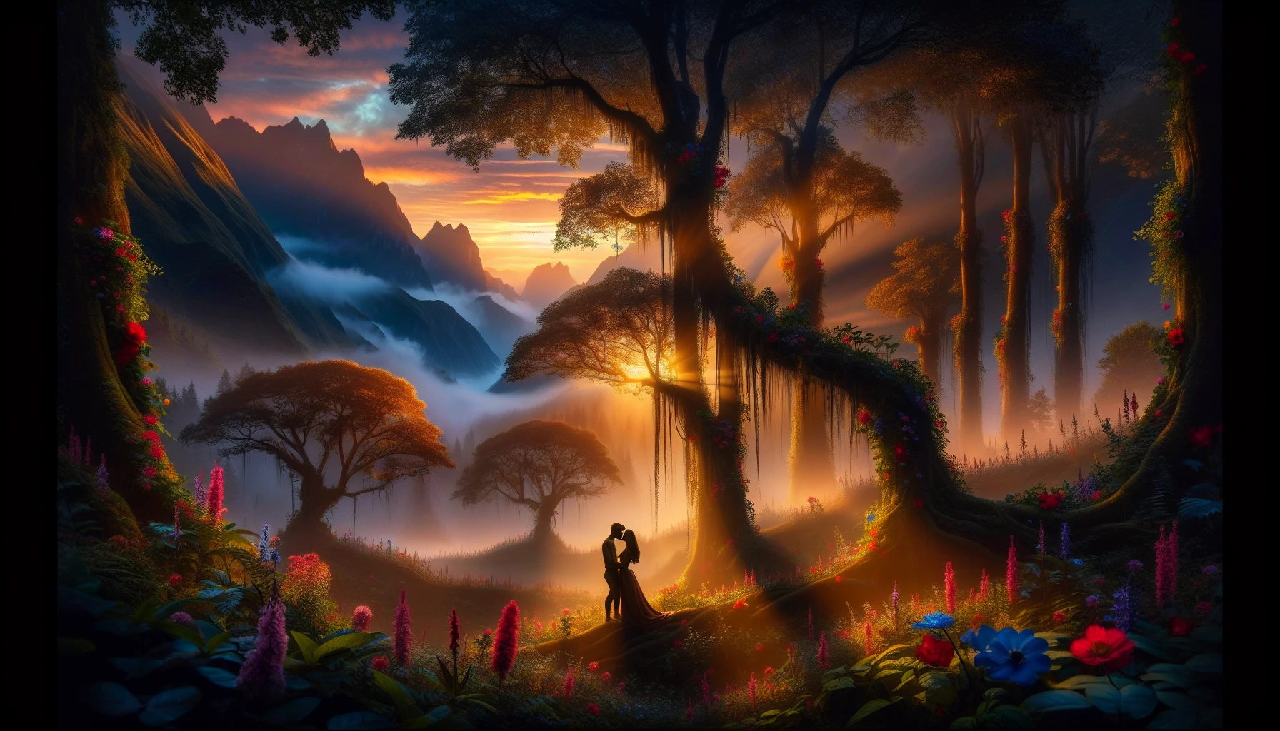 Imagine a lush, enchanted forest bathed in soft, golden light as the sun sets behind majestic mountains. Wisps of fog curl around ancient trees draped in vibrant wildflowers, creating a tapestry of colors. A couple, lost in their love, dance gracefully among the blooming flora, their silhouettes framed by the ethereal glow. The scene captures the essence of Romanticism, celebrating nature’s beauty and the power of love’s embrace.