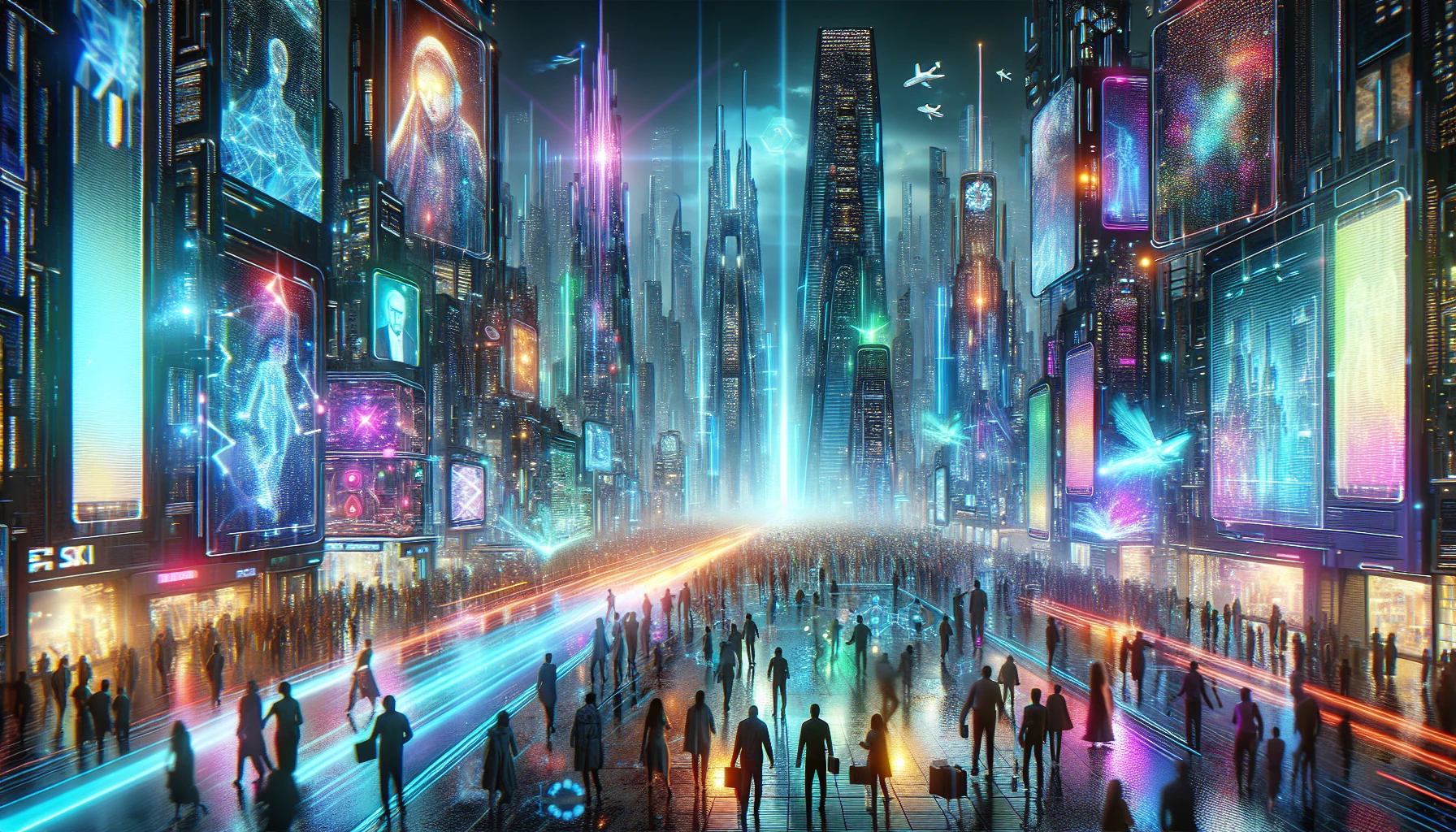 Imagine a bustling cyberpunk city at night, drenched in vibrant neon lights and dynamic holograms. Towering skyscrapers loom above, their surfaces embedded with shimmering advertisements and augmented reality displays. The streets teem with diverse characters clad in high-tech fashion, while flying vehicles zip overhead, leaving trails of light. Rain-soaked pavement reflects the radiant colors, creating a mesmerizing atmosphere that captivates the senses and ignites the imagination.