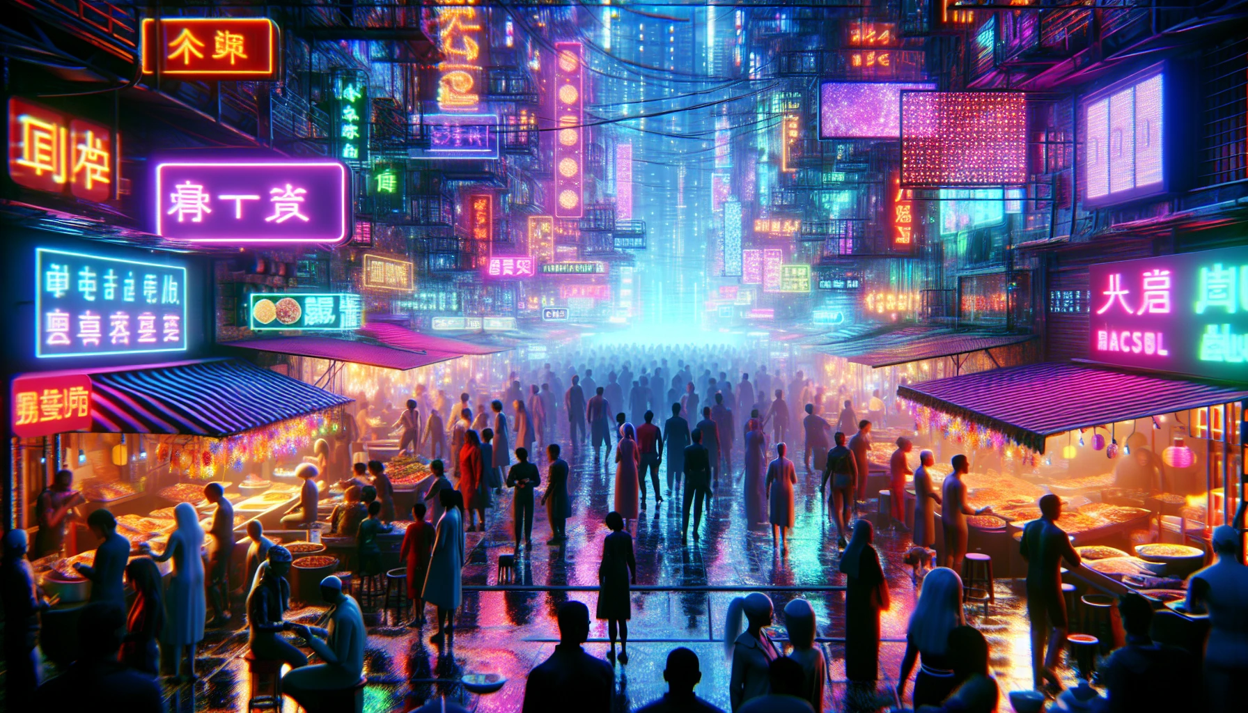 Immerse yourself in a bustling cyberpunk marketplace, where neon lights bathe the scene in vibrant hues. Picture diverse AI-powered vendors showcasing futuristic wares, while food stalls sizzle with exotic dishes, their aromas mingling in the misty air. Holographic advertisements flicker and dance, casting a kaleidoscope of colors on the crowd, creating an electrifying atmosphere filled with energy, innovation, and the spirit of urban life.