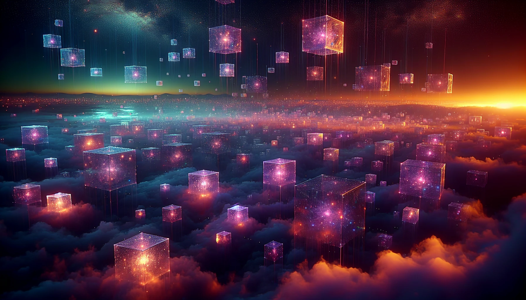 Envision an ethereal scene where floating cubes of various sizes drift gracefully in a serene, twilight sky. Each cube emits a soft, warm glow, casting delicate shadows on a tranquil landscape below. The colors blend harmoniously, creating a dreamlike atmosphere filled with shimmering lights. Wisps of mist swirl around the cubes, enhancing their otherworldly presence and inviting viewers to explore this captivating, luminous realm.