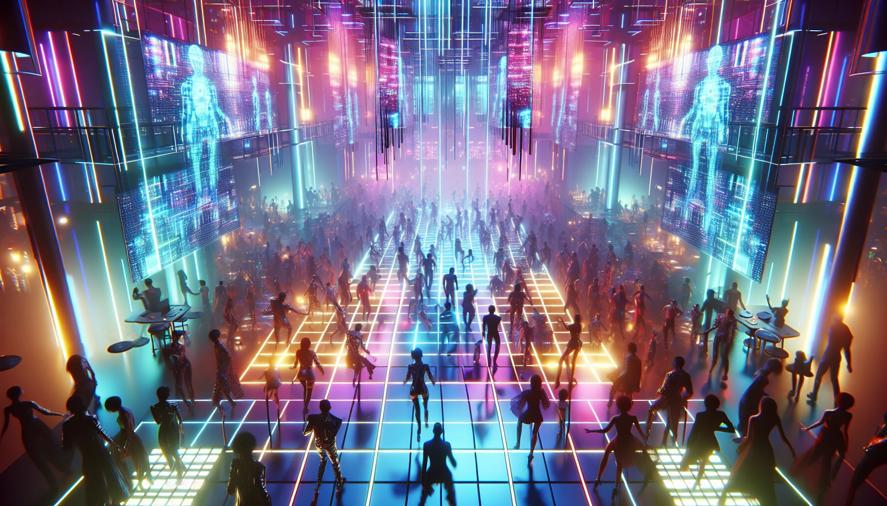 Immerse yourself in a vibrant cyberpunk nightclub, alive with pulsating neon lights and a thrumming electric atmosphere. A sea of diverse dancers, adorned in dazzling futuristic attire, move rhythmically on a crowded dance floor, their silhouettes illuminated by shifting colors. Above, holographic displays flicker and dance, creating an otherworldly ambiance that embodies the heart of a futuristic urban nightlife.