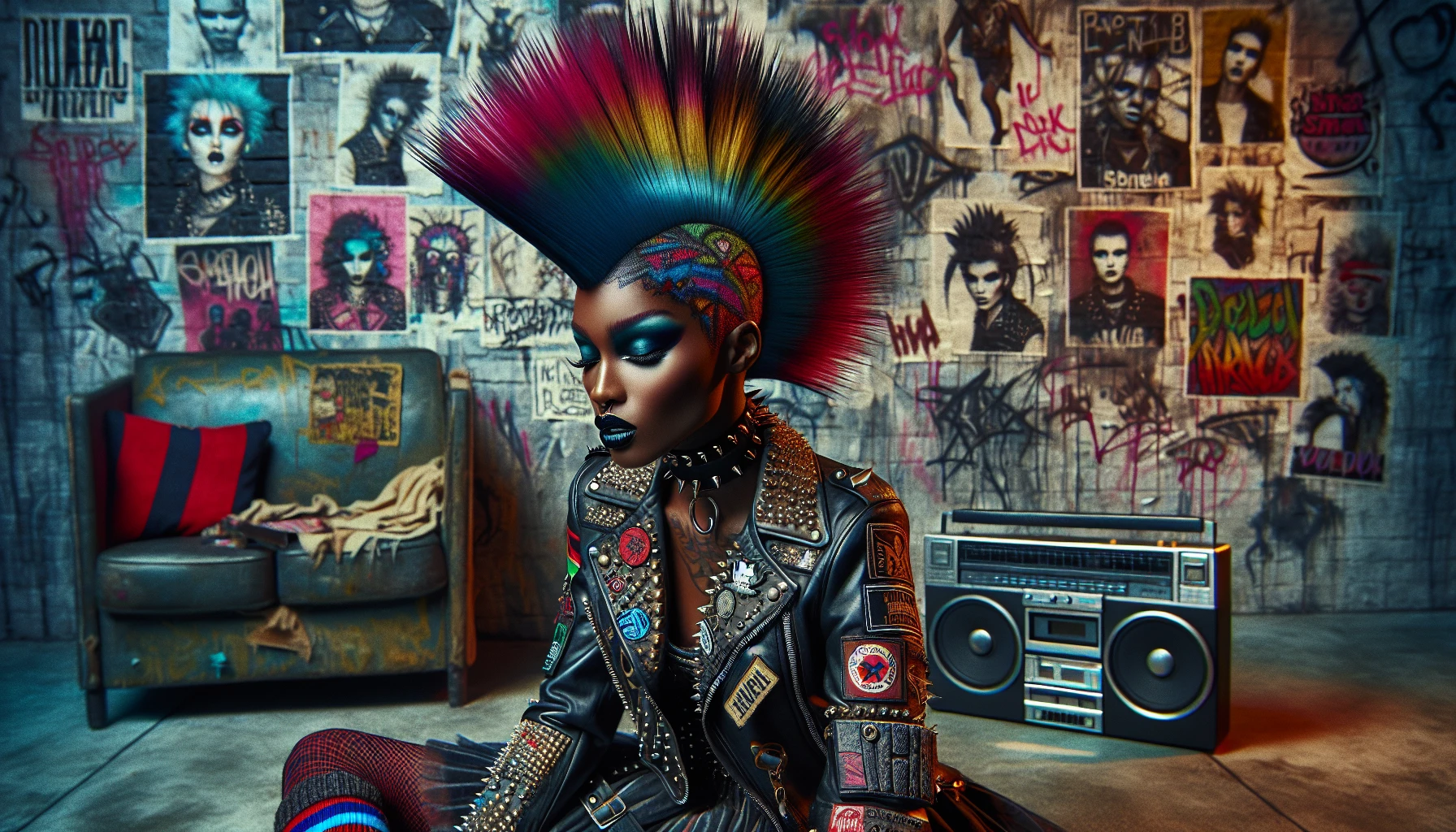 Capture the essence of rebellion with a fierce punk rocker, sporting a vibrant, multi-colored spiked hairstyle that stands proudly against a backdrop of graffiti-covered walls. The figure wears a leather jacket adorned with patches and studs, exuding an air of defiance. Their bold makeup, a blend of dark eyeliner and vivid lipstick, complements the electric ambiance, while scattered band posters and a boombox enhance the gritty urban vibe.