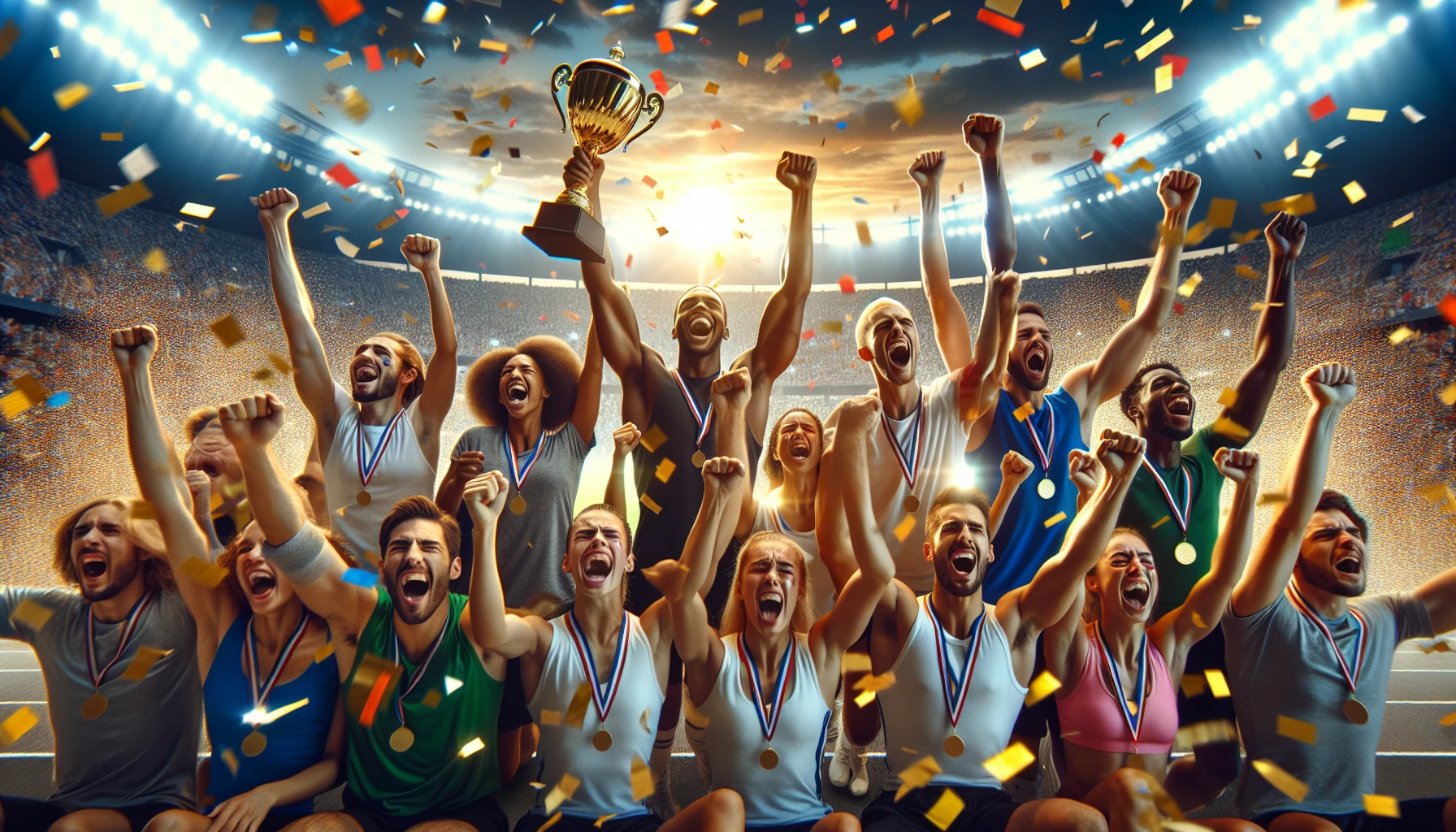 Capture the exhilarating moment of a diverse group of athletes exuberantly celebrating their hard-earned victory. They are surrounded by colorful confetti streaming down, with bright smiles and tears of joy illuminating their faces. The backdrop features a sunlit stadium filled with cheering fans, while golden trophies gleam in their hands. This powerful scene encapsulates the overwhelming joy and unity that comes from achieving a monumental goal together.