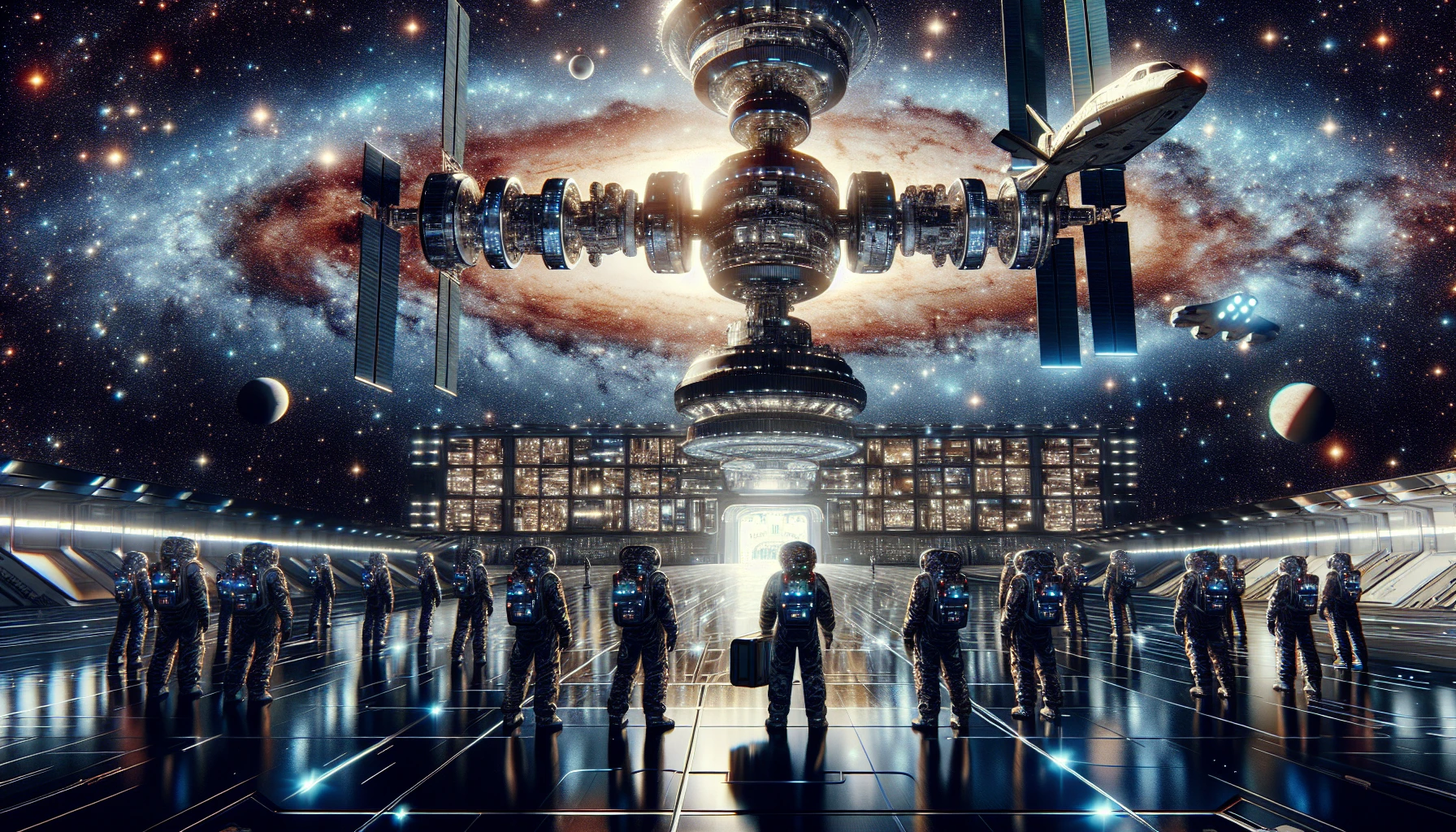 A breathtaking scene unfolds as a sleek, futuristic spaceship gracefully docks at a colossal space station, surrounded by a vast expanse of twinkling stars. The space station, a marvel of advanced engineering, glints with metallic surfaces and vibrant lights. Silhouetted against the cosmos, astronauts in high-tech suits prepare for departure, while distant planets and nebulae add an awe-inspiring backdrop to this interstellar haven.