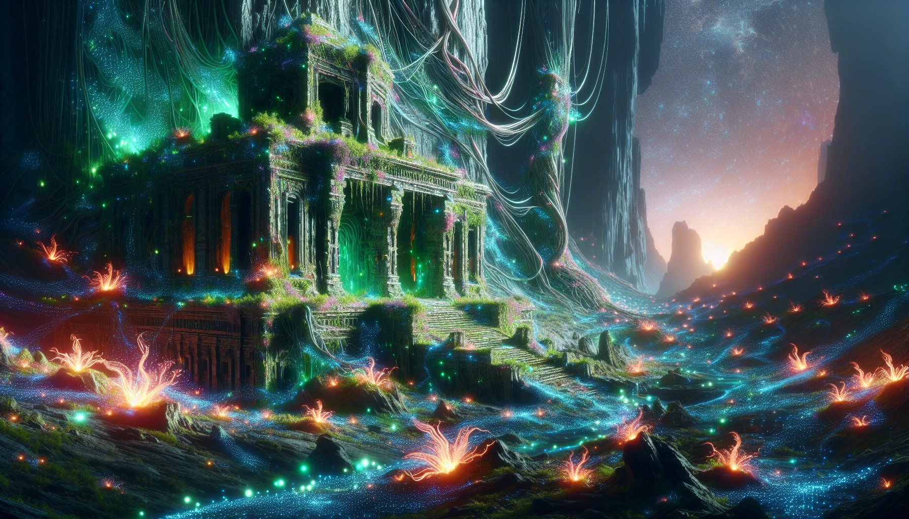 Imagine an ancient alien temple, its crumbling stone structure entwined with bioluminescent vines and glowing flora that illuminate the surrounding landscape. The atmosphere is mystical, with radiant plants casting surreal shadows on the temple walls, while otherworldly creatures cautiously wander nearby. Ethereal lights flutter in the air, creating a captivating symphony of colors, inviting the viewer into a realm where nature and alien architecture intertwine in enchanting harmony.