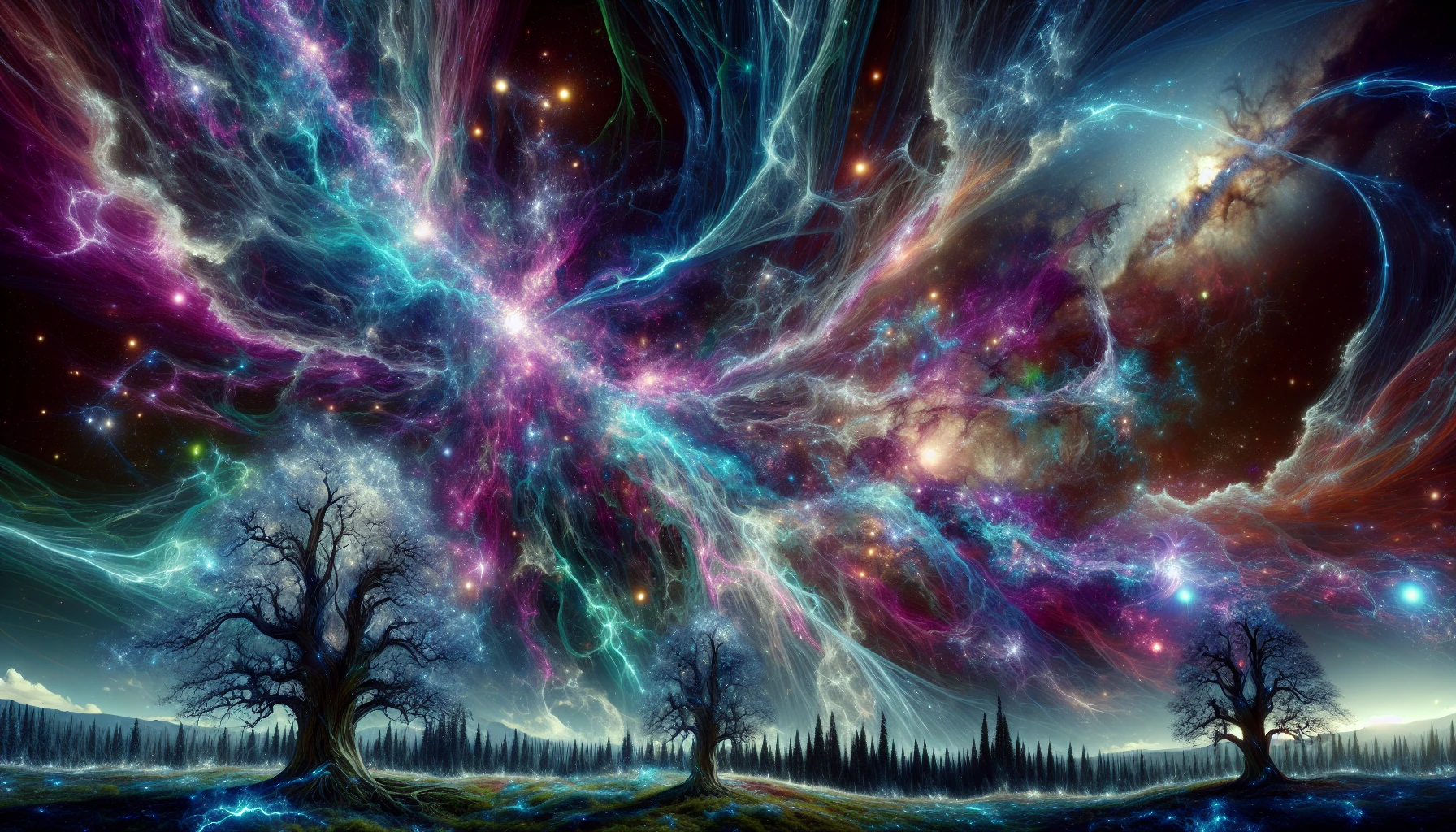 A breathtaking scene unfolds as a dimensional rift, swirling with vibrant colors and intricate patterns, tears through a starry night sky. Ethereal wisps of energy spill from the rift, casting a soft glow on the landscape below. Ancient trees sway gently, reflecting the shimmering hues of violet, teal, and gold. As cosmic elements collide, distant galaxies and celestial bodies peek through, igniting a sense of wonder and mystery.