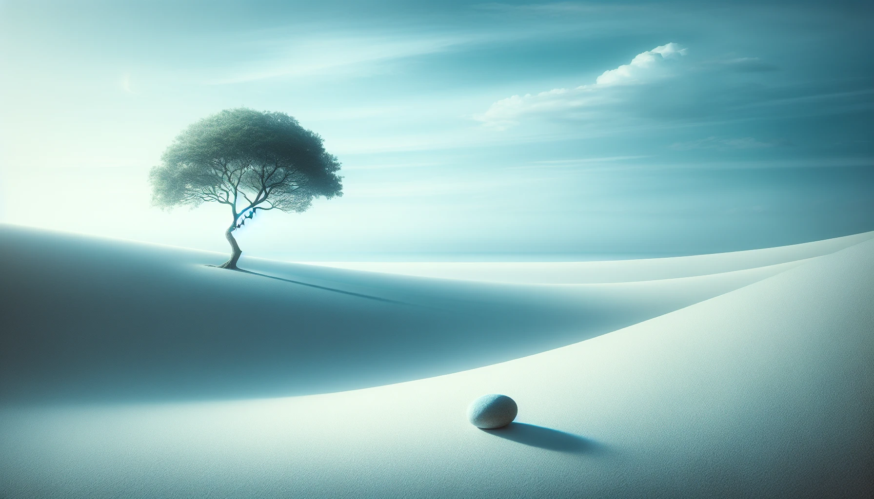 Visualize a serene landscape where minimalism reigns supreme. Picture a tranquil scene featuring a lone, elegantly shaped tree silhouetted against a vast, pale blue sky. The ground is a smooth expanse of soft, white sand that gently curves towards the horizon. A single, delicate stone sits nearby, adding a touch of balance and simplicity. This harmonious composition invites viewers to embrace peace and introspection.