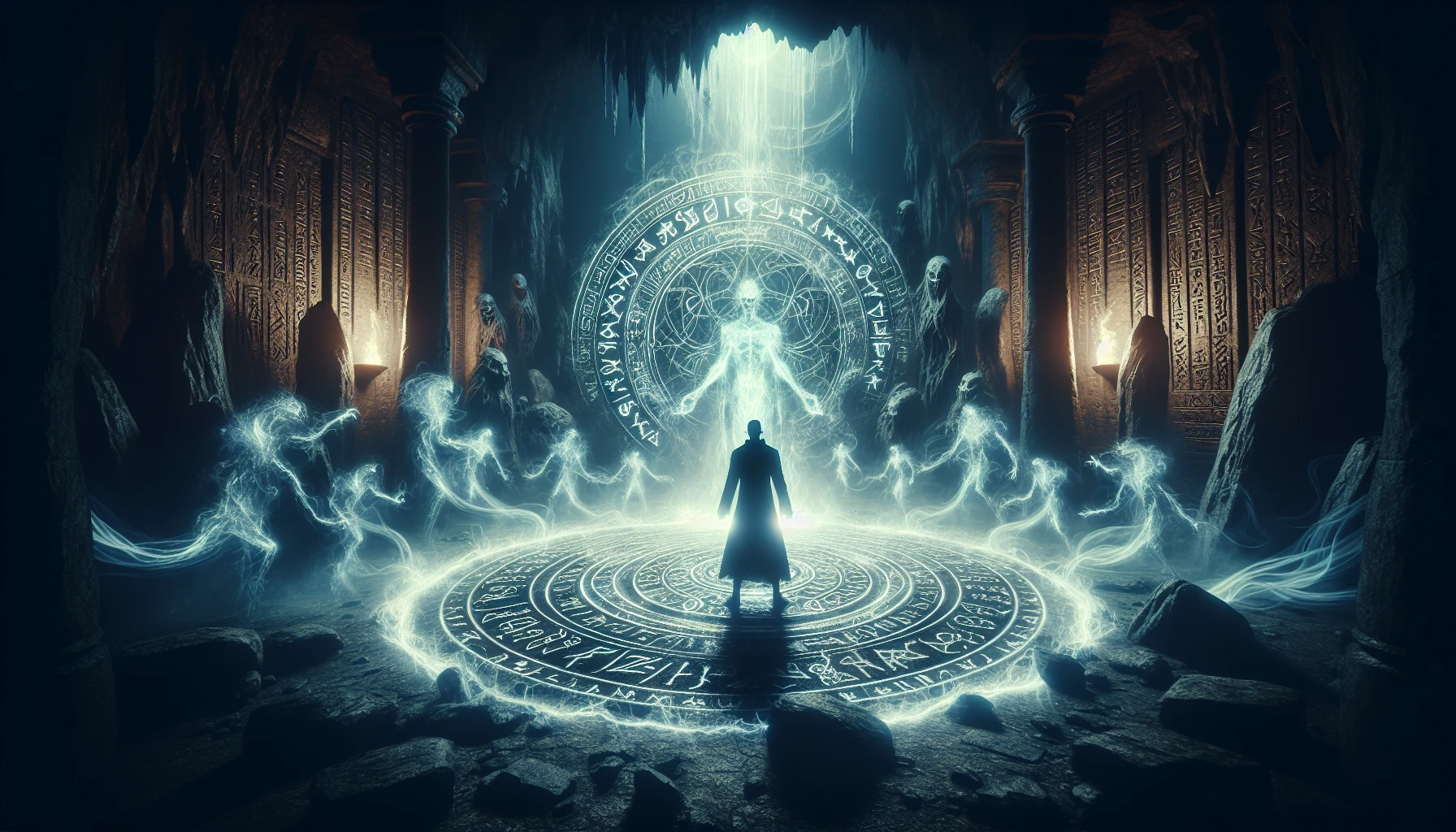 In a dimly lit cavern, a cloaked figure stands at the center of an intricate rune circle, casting an ethereal glow. Wisps of shadow swirl around the mage, coalescing into ominous, otherworldly creatures that emerge from the darkness. Glimmers of arcane energy dance in the air, illuminating the ancient stone walls covered in cryptic inscriptions. The atmosphere is thick with tension as the mage invokes dark powers, ready to unleash chaos.