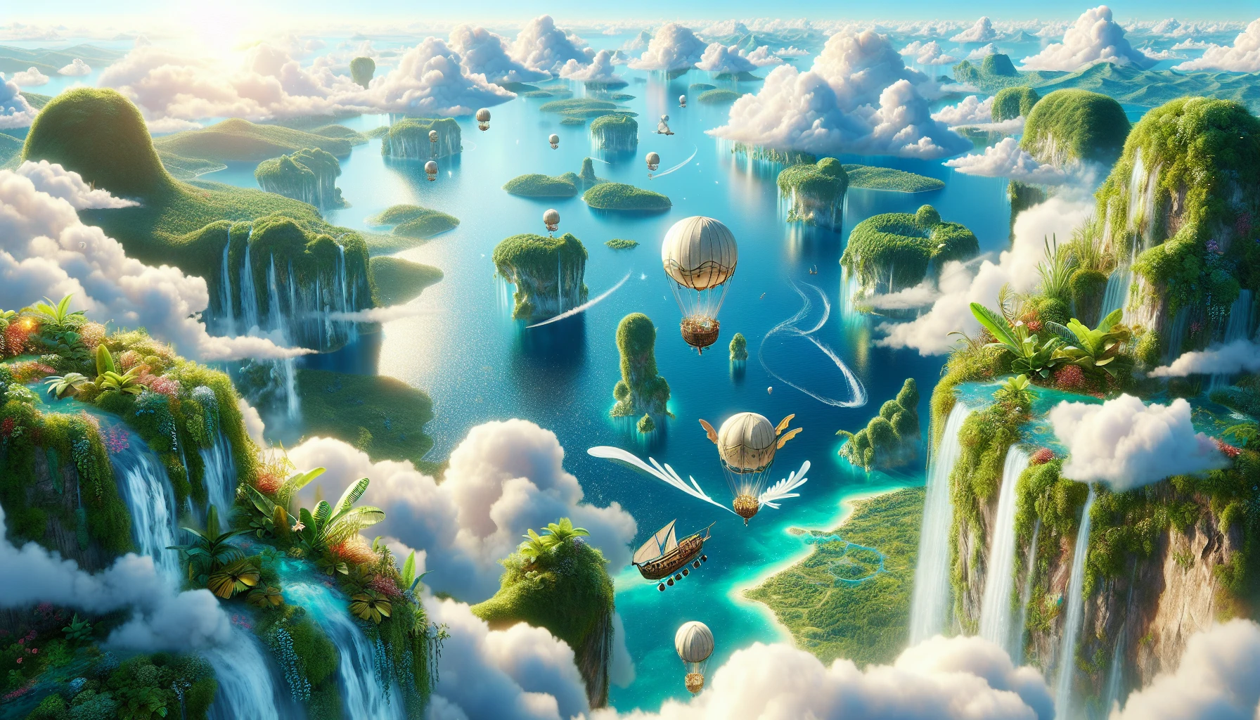 Imagine a breathtaking aerial landscape where vibrant, lush islands drift majestically among cotton-candy clouds. Each island boasts cascading waterfalls and verdant flora, while whimsical airships, adorned with sails and propellers, glide gracefully through the azure sky. The sunlight sparkles off the sails, casting playful shadows on the islands below, creating an enchanting harmony between nature and adventure in this dreamlike panorama.