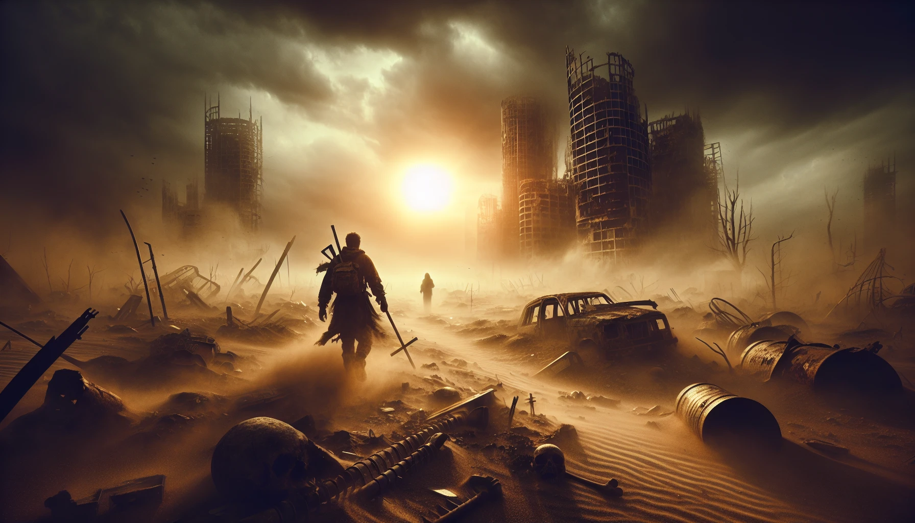 In a desolate landscape bathed in the eerie glow of a dying sun, a lone survivor trudges through the remnants of civilization. Dust storms swirl around crumbling skyscrapers overtaken by nature, while scavenged gear clinks against tattered clothing. The air is thick with the scent of rust and decay, every step echoing the haunting silence of a world lost. Hope flickers as the survivor scans the horizon for signs of life.