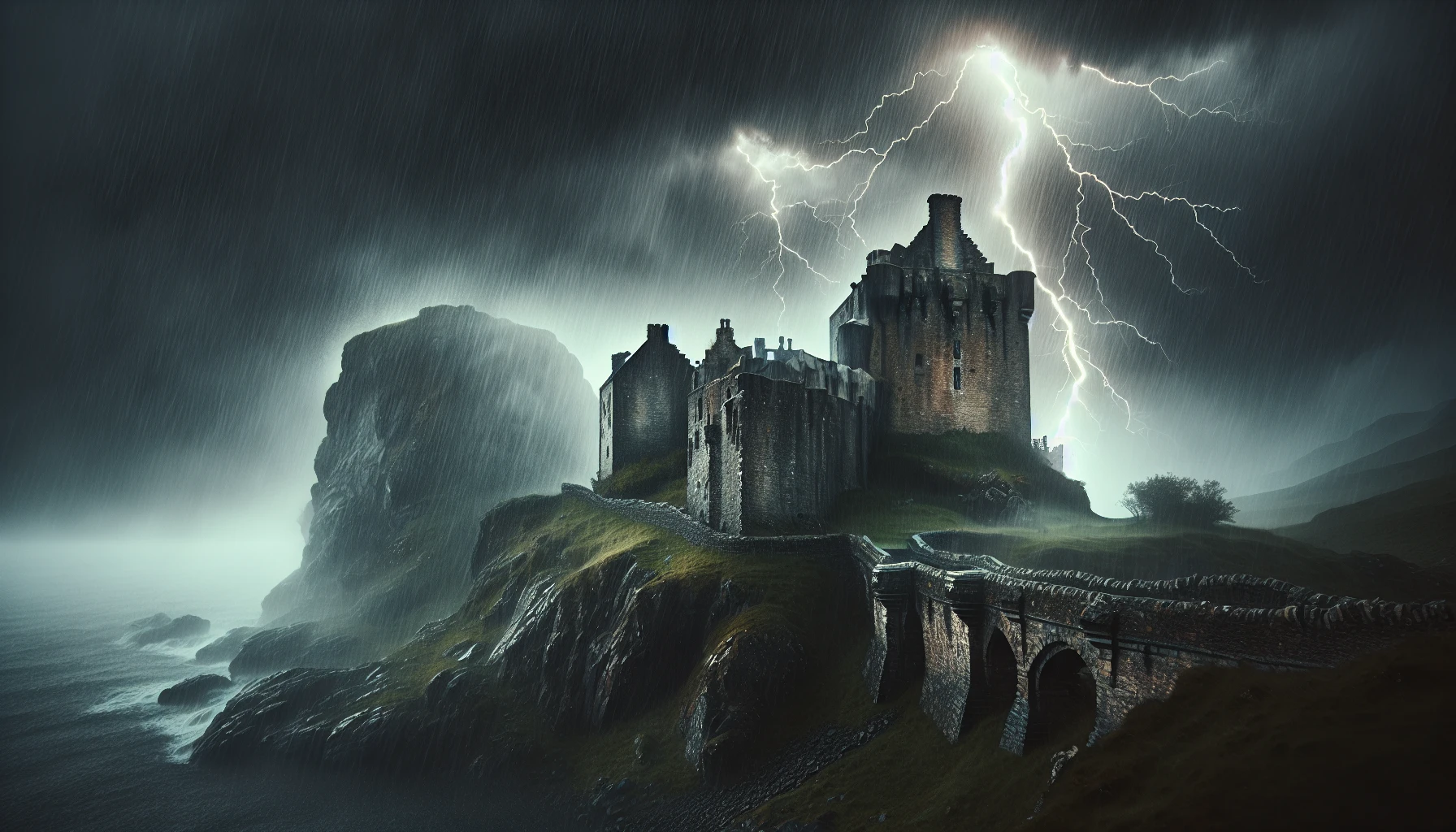 Amidst a dramatic thunderstorm, a crumbling castle looms ominously on a rugged cliff, its stone walls weathered by time and nature. Jagged lightning illuminates the darkened sky, casting eerie shadows across the landscape. Rain pours down in torrents, creating a mist that swirls around the ancient battlements. The howling wind carries whispers of forgotten battles, evoking a sense of haunting mystery and timeless exploration.