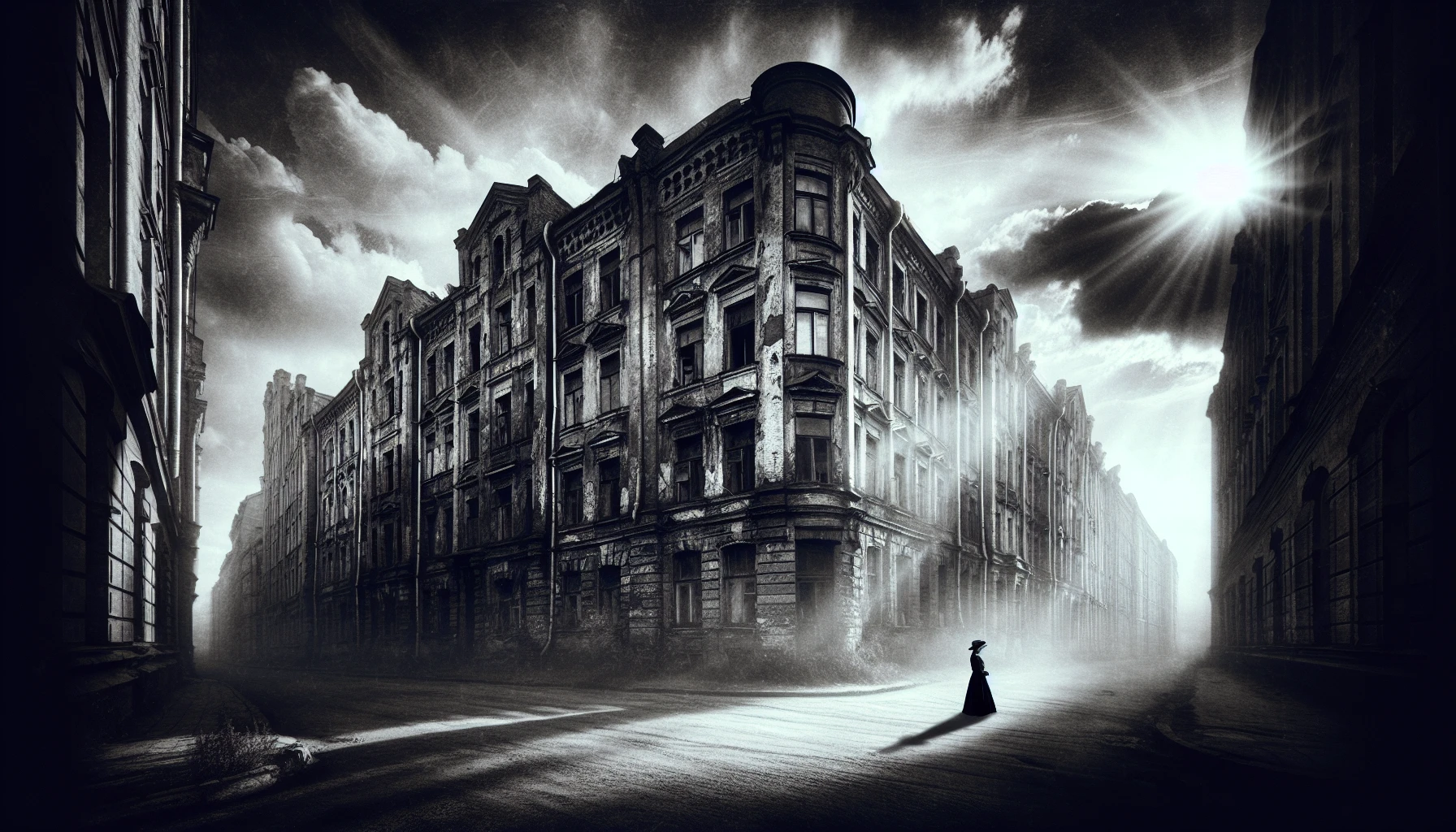 A hauntingly beautiful black and white photograph captures the essence of a forgotten city street, where shadows play with light, weaving a story of nostalgia. The crumbling buildings rise against a cloudy sky, their textures rich and captivating. A solitary figure, adorned in vintage attire, walks through the scene, embodying timelessness. This striking image invites viewers to explore the contrasts of light and dark, evoking deep emotions and memories.