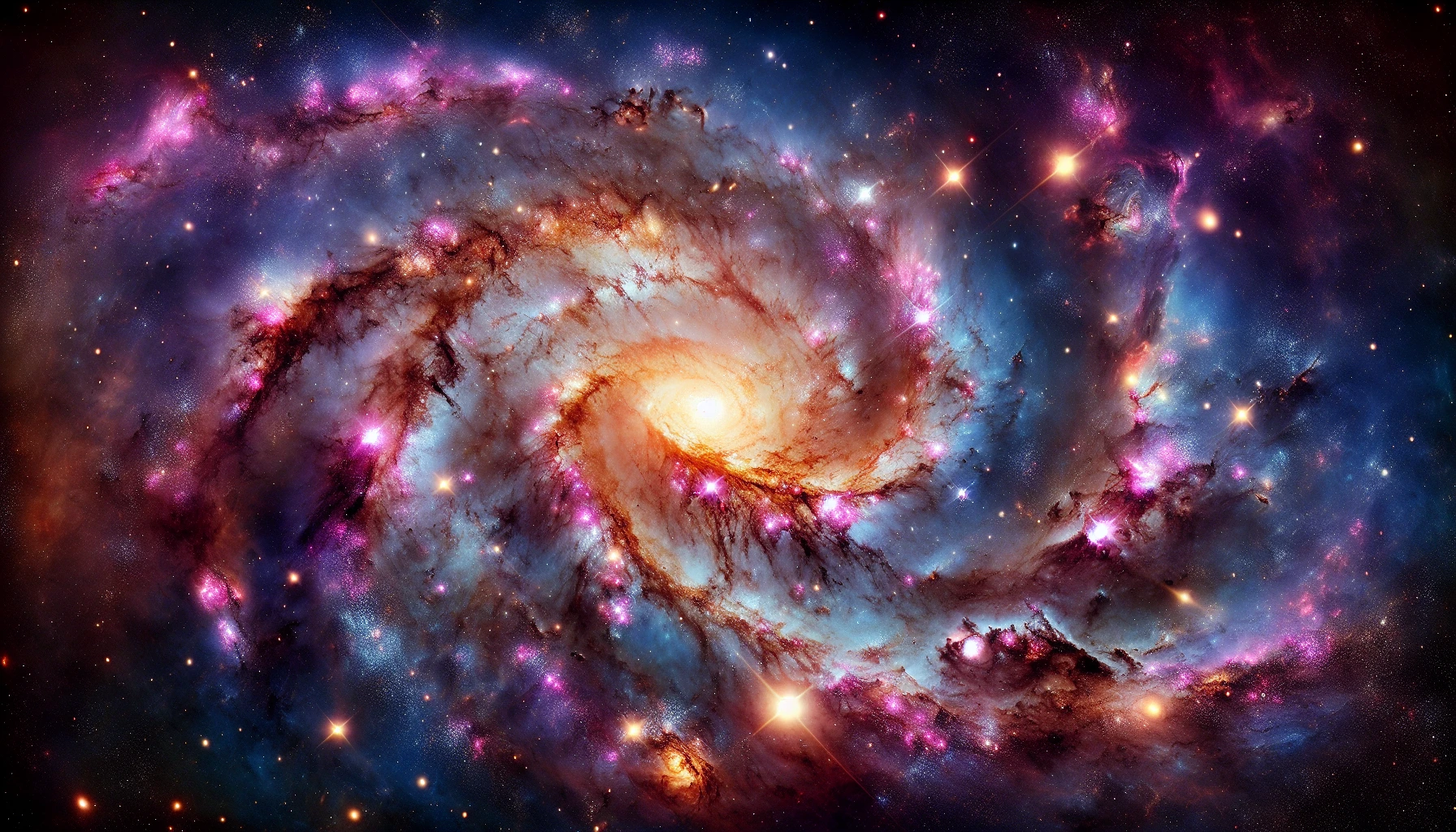 Create an awe-inspiring image of a swirling galaxy, bursting with vibrant colors that represent the cosmos. Stars twinkle like diamonds against a deep blue and violet backdrop, while nebulae shimmer in shades of pink and orange. At the center, a radiant supernova illuminates the scene, surrounded by drifting cosmic dust. This mesmerizing portrayal captures the beauty and mystery of the universe, inviting viewers to ponder their place within its vast expanse.