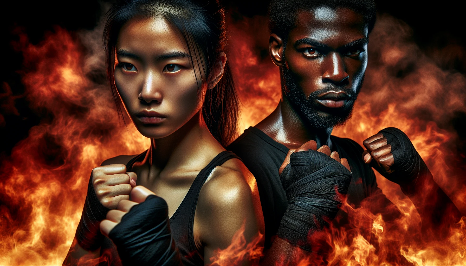 In a dramatic scene, two competitors stand face to face, their eyes ablaze with fierce determination. The air is thick with tension as their fiery stares sharpen the atmosphere, radiating an intensity that speaks volumes. Backgrounds of swirling flames and darkened skies enhance the mood, capturing the essence of rivalry. Every detail, from clenched fists to furrowed brows, emphasizes their relentless pursuit of victory.