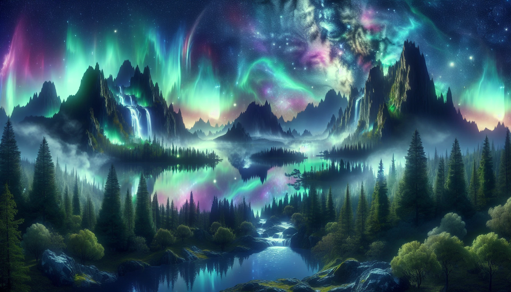 A breathtaking scene unfolds as vibrant auroras dance across a starlit sky, illuminating the rugged mountains below. Wisps of mist rise from a tranquil lake, reflecting the kaleidoscope of colors above. Towering trees with lush, emerald foliage surround the landscape, while cascading waterfalls spill into crystal-clear pools. This harmonious blend of natural phenomena evokes a sense of wonder and serenity, inviting viewers to lose themselves in its beauty.