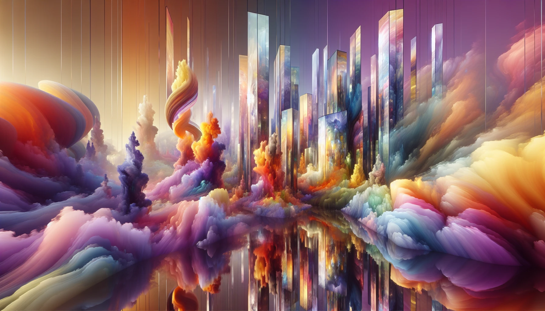 Imagine a surreal landscape where colors collide in a harmonious chaos, blending vibrant hues with abstract forms. Towering sculptures of translucent glass reflect a kaleidoscope of emotions, while ethereal clouds swirl overhead, painted in shades of lavender and gold. In this captivating scene, the absence of meaning invites viewers to experience pure aesthetic beauty, sparking introspection and invoking a sense of wonder in the heart of the beholder.