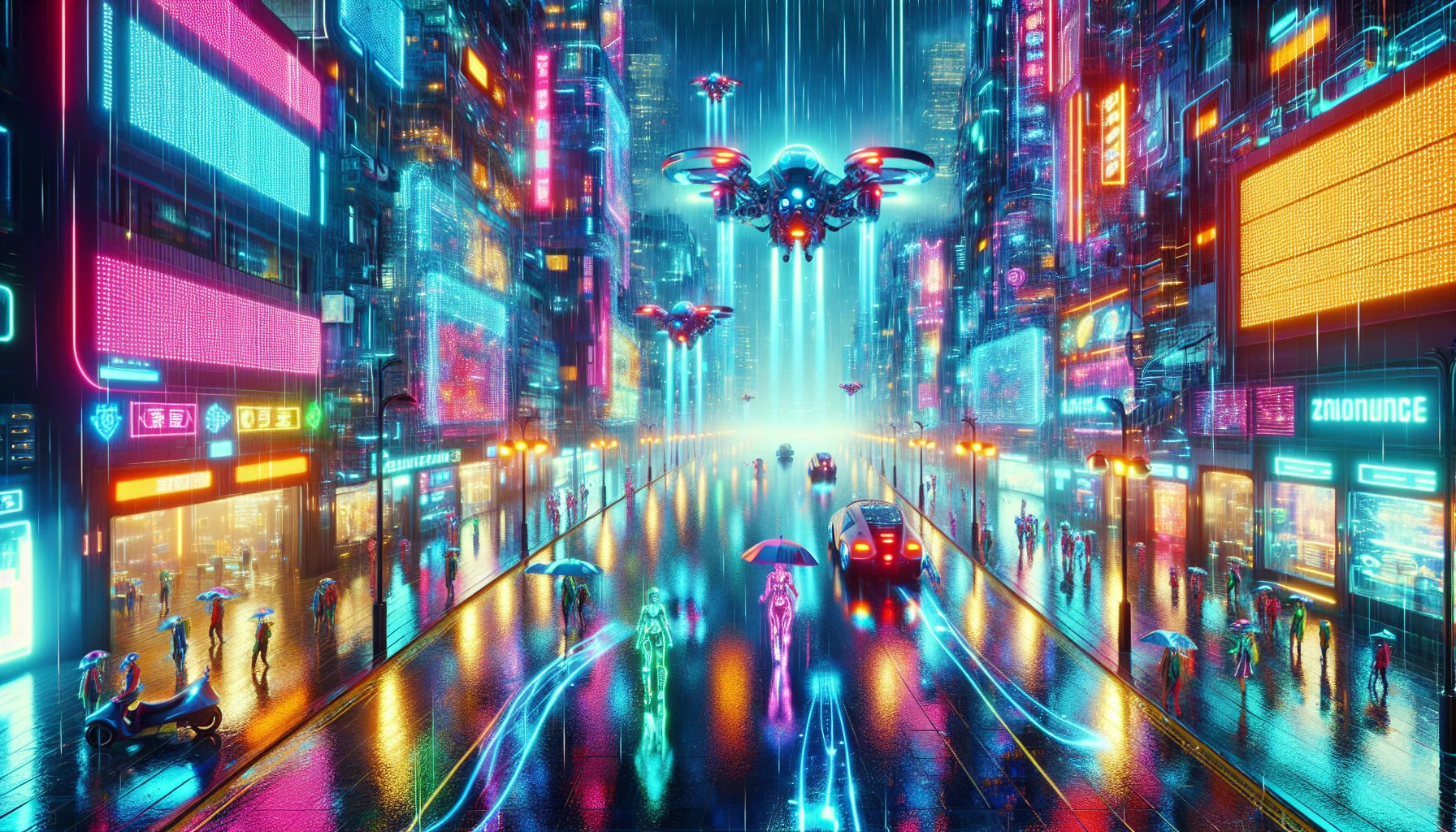 In a futuristic metropolis drenched in rain, neon lights pulsate with energy, illuminating the slick streets below. Data streams flow like rivers of light, weaving through the air, while sleek drones hover gracefully above. Cybernetic citizens, adorned with advanced tech and vibrant accessories, navigate the bustling district, embodying the fusion of humanity and machine. This vivid tableau invites you to explore the intricate dance of technology and life in a vibrant urban landscape.