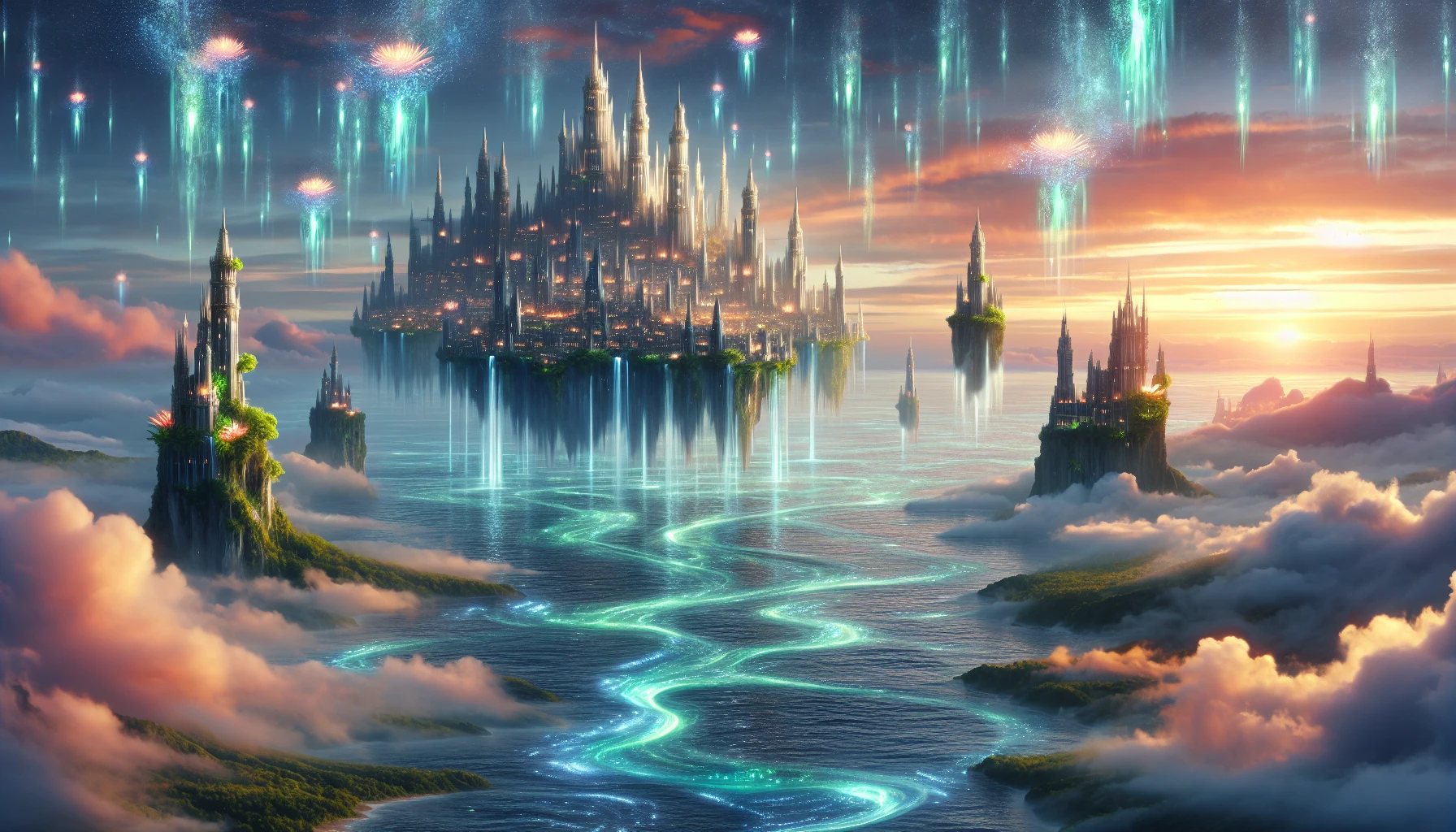 Imagine a breathtaking scene where a majestic floating city hovers above the shimmering, glowing sea. Ethereal bridges connect the luminous towers, each adorned with vibrant flora that thrives in the misty air. Below, waves pulse with bioluminescent light, casting an enchanting glow that dances with the tides. Wisps of clouds drift lazily around the skyline, while the sunset paints a canvas of warm colors above this surreal metropolis.